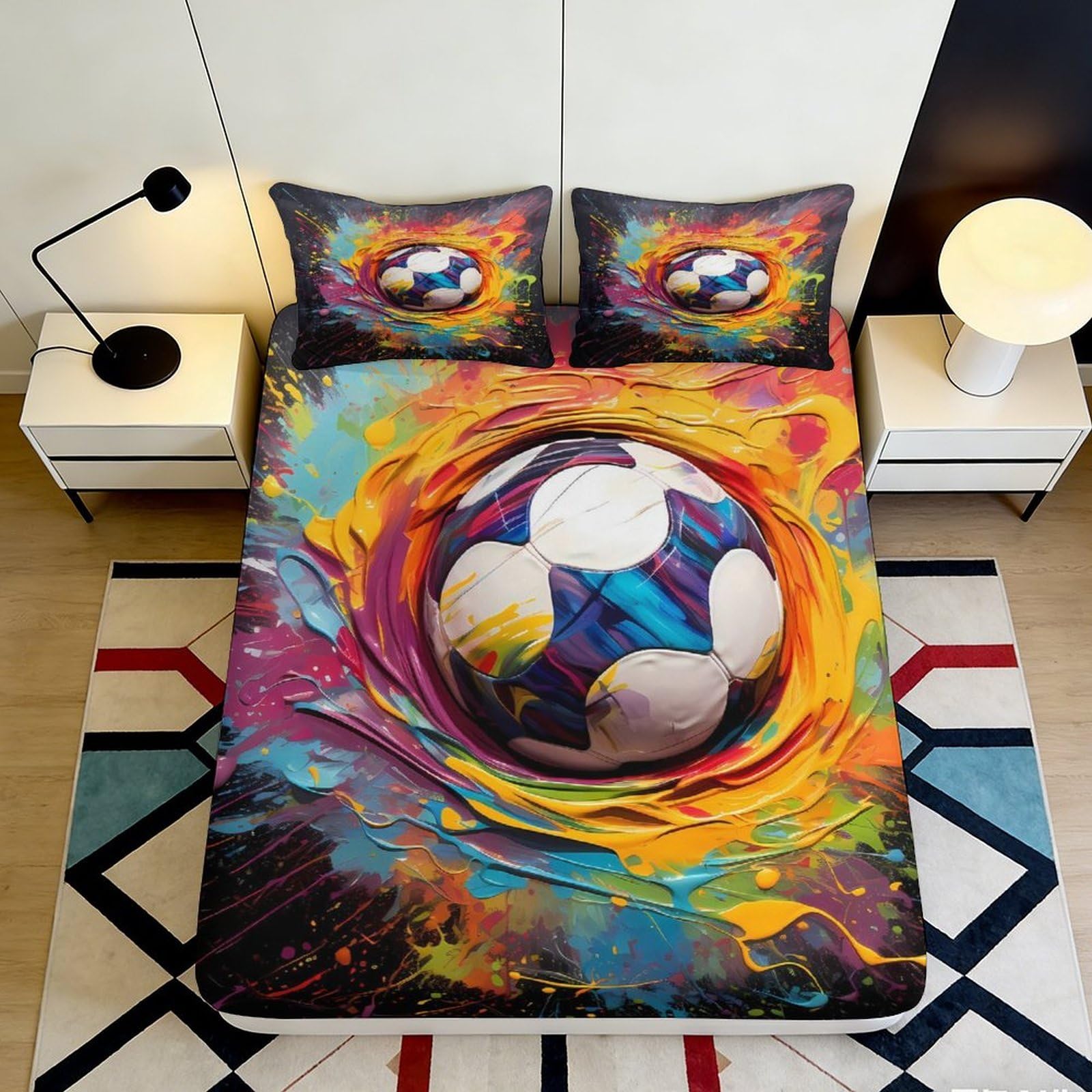 3D Printed Colorful Soccer Ball Fitted Sheet Microfiber Soft Breathable Abstract Splash Bed Cover for Bedroom Dormitory Guest Room Mattress Protection 180x200x25cm