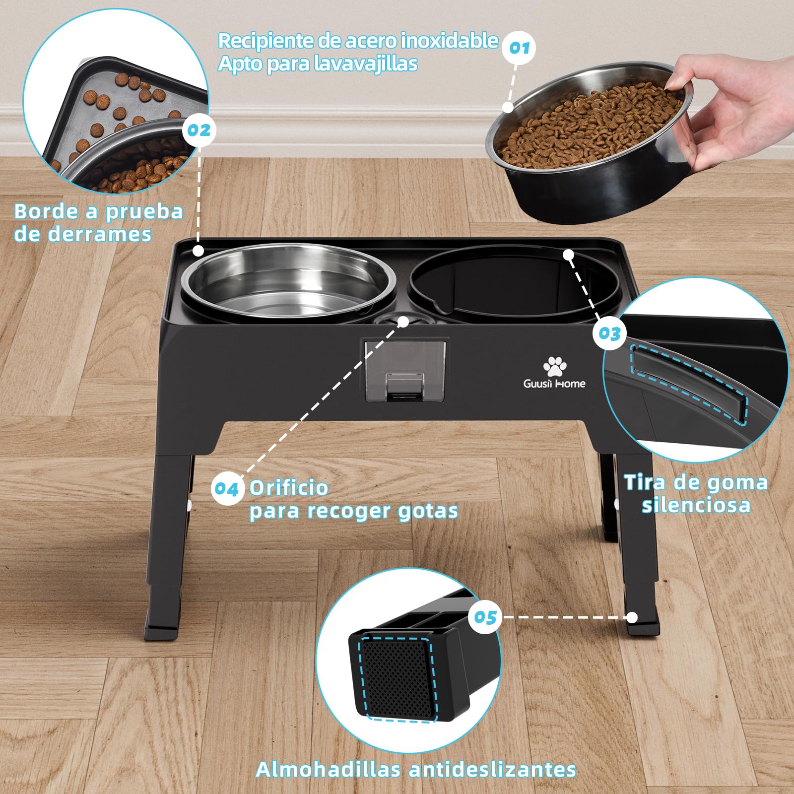GUUSII HOME Comedero Perro Elevado Grande Cuenco Alto Perro Soporte Comederos y Bebedero para Perros Grandes Elevador Bol Altura Ajustable 43.5 * 24.4 * 12/25.7/29.7/33.7cm 2000ml Elevated Dog Bowl
