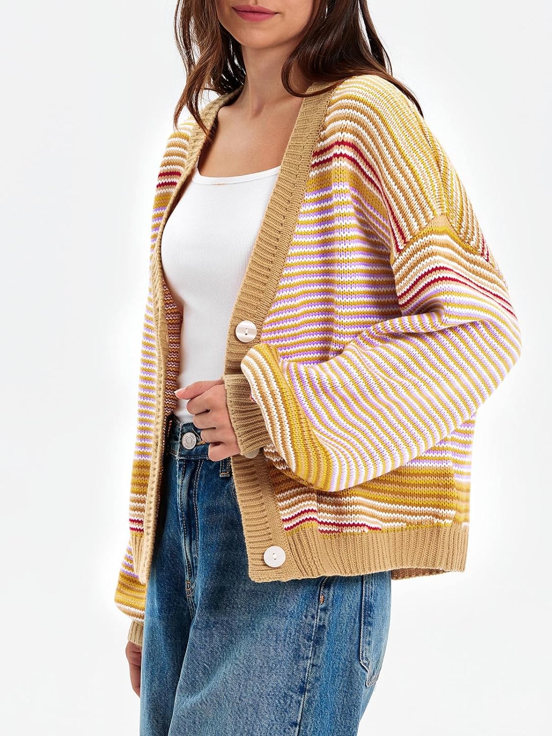 Saodimallsu Womens Striped Cardigan Sweaters Oversized Puff Sleeve Button Up V Neck Color Block Knit Sweater Coat - Image 3