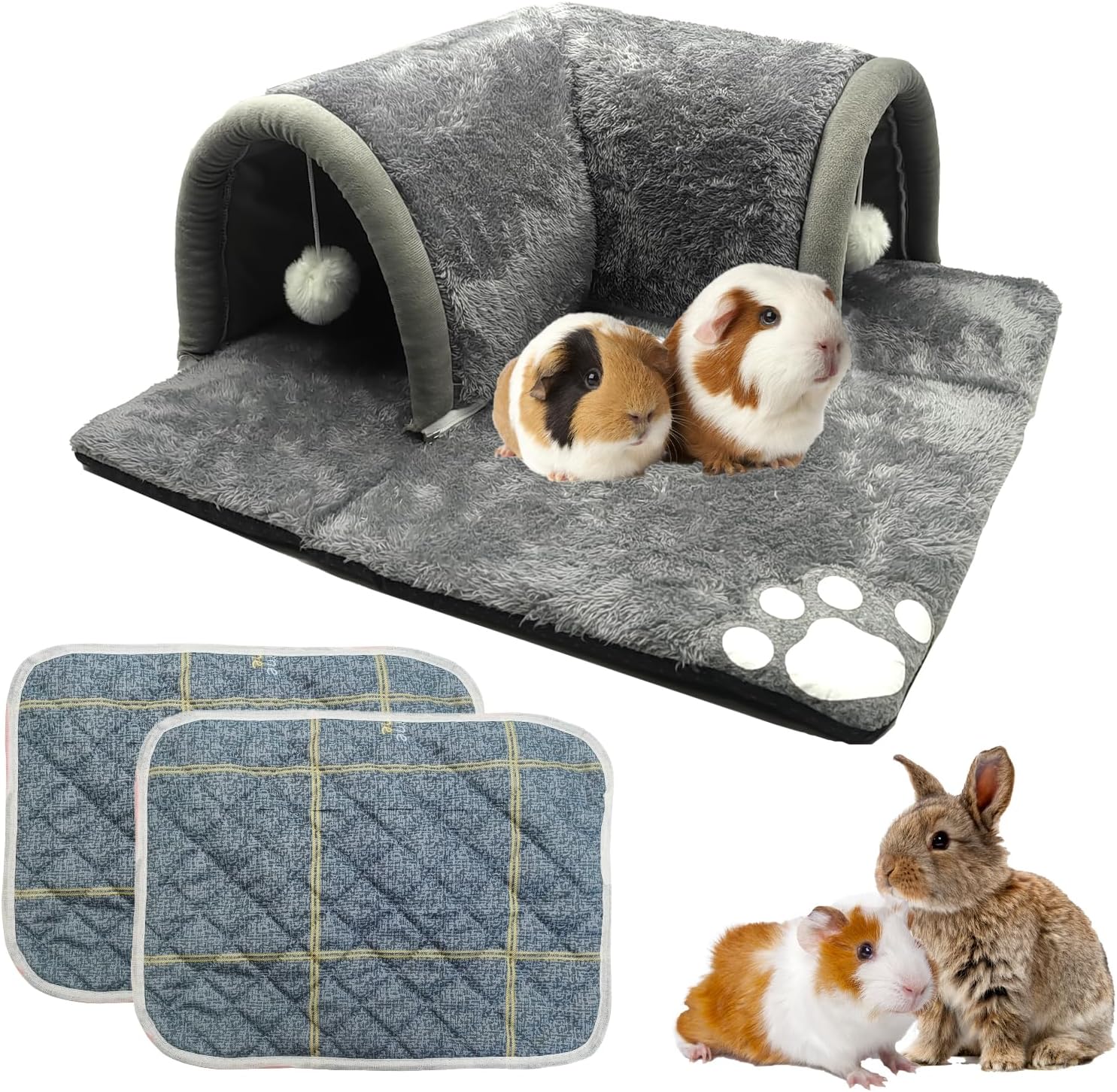 PINVNBY 3Pcs Guinea Pig Hideout Tunnel Tube with Removable Base & 2 Liners and Washable Soft Rabbit Bed & Small Animal Tunnel Tube Cage Accessories for Chinchillas, Hamsters, Ferrets, Bunny（Gray）