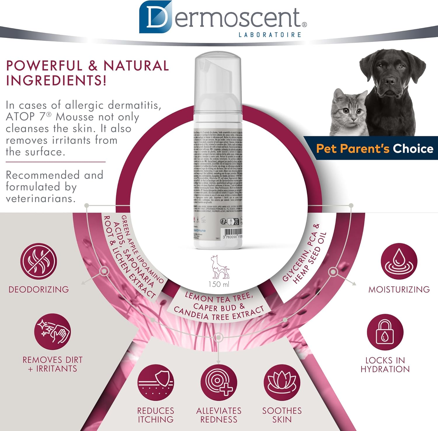 Dermoscent ATOP 7 Mousse - Waterless Dog Shampoo for Dogs & Cats - Cleansing Soothing Dry Shampoo for Itchy Skin Relief & Allergy-Prone Skin - 150 ml