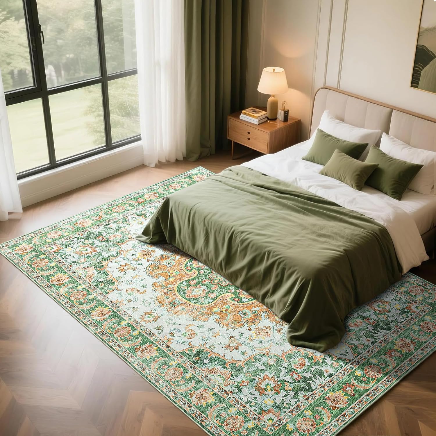 8x10 area rug for living room, machine washable rugs with non-slip backing for bedroom, vintage throw rugs low pile carpet for dining room kitchen office home decor, green 8' x 10' (rectangular) green