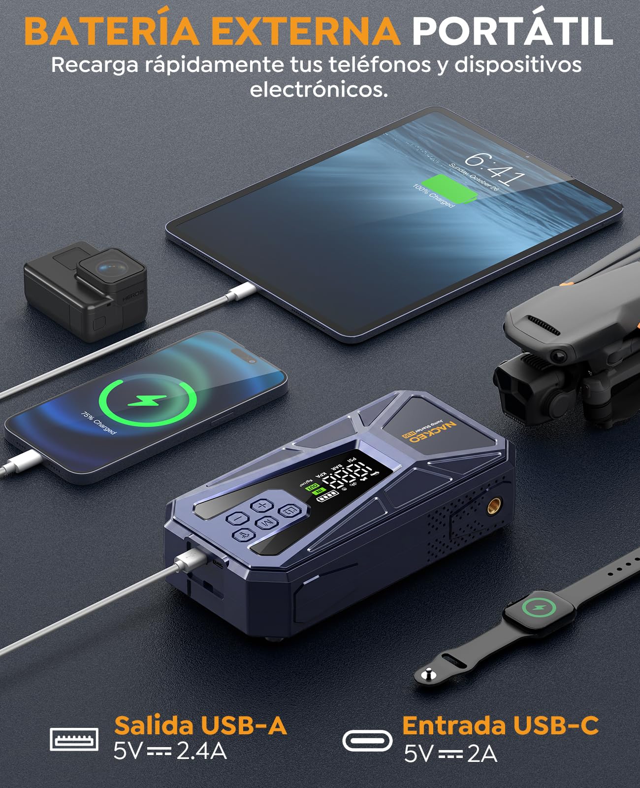 Arrancador de Baterías de Coche 8000A con Compresor 160 PSI, 12V Arrancador de Coches Portátil (Todo Gasolina o 12L Diésel), Arrancador de Coche con Linterna LED, Pantalla LCD y Carga Rápida