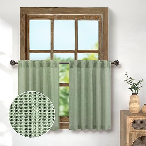 Cortinas de cocina de lino verde salvia para ventana pequeña de 36 pulgadas de largo, 2 paneles de bolsillo con pestaña trasera, neutral, estilo