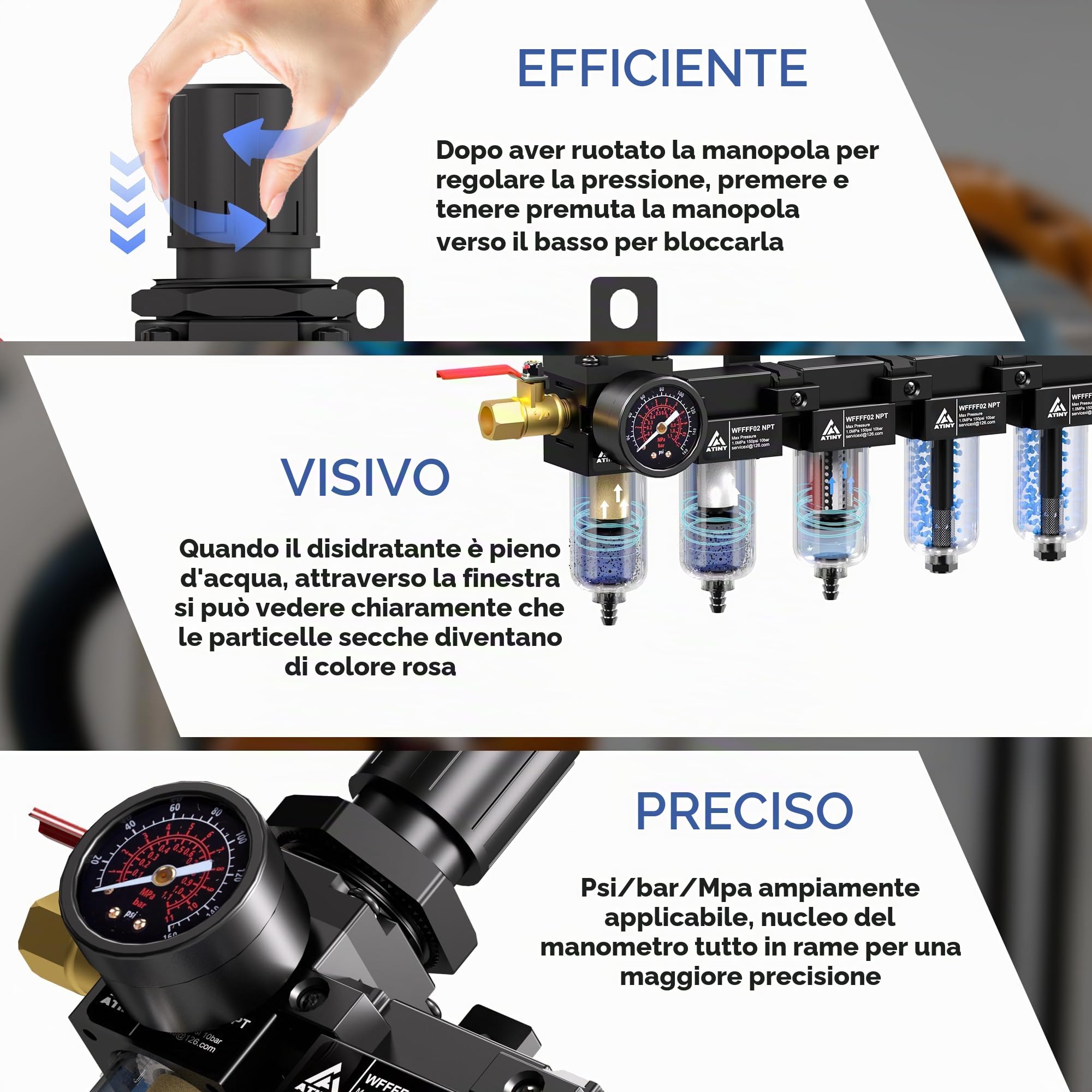Essiccatore ad aria compressa NPT da 1/4 '' a 5 stadi, essiccatore d'aria per compressore cartuccia filtro da 5 e 0,5 e 0,01 micron, doppio essiccatore essiccante e regolatore d'aria, ciotola in