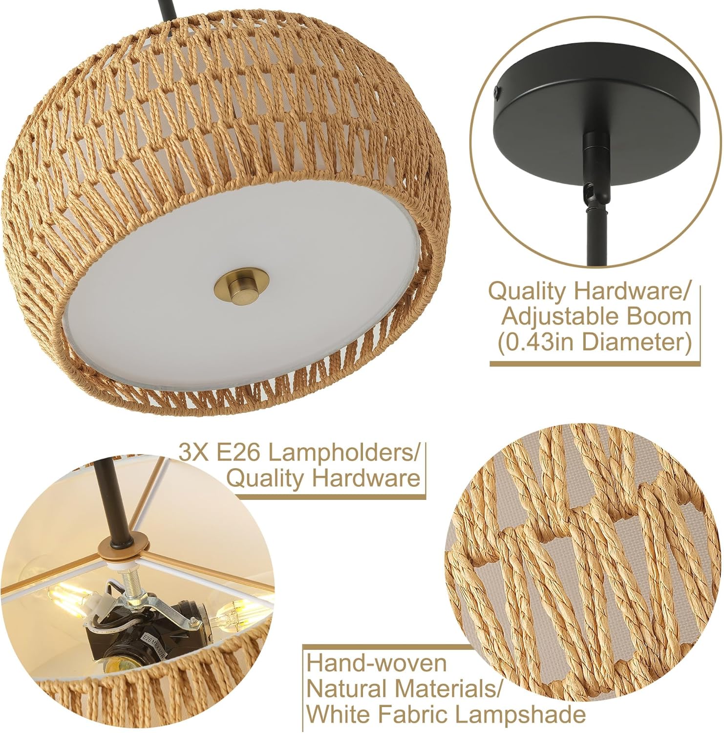 Rattan Pendant Light Kitchen Island,12.8 Hand-woven Modern Semi Flush Mount Ceiling Light Fixture,Boho Woven Lamp Shade Chandelier,Adjustable Farmhouse Hanging Light for Bedroom Bar Hallway