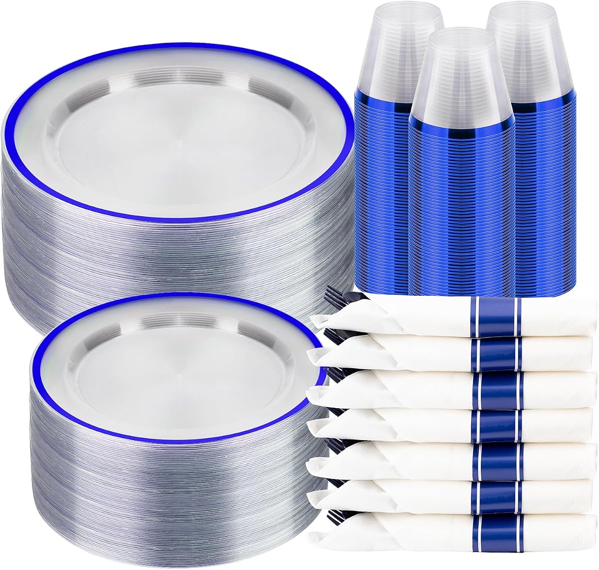 BESTSTAR Juego de platos de plástico desechables transparentes y azules de 350 piezas para 50 invitados | Platos de plástico azules, incluye 100 platos de plástico, 50 vasos, 50 servilletas preenrolladas con cubiertos para fiesta de graduación, cumpleaños