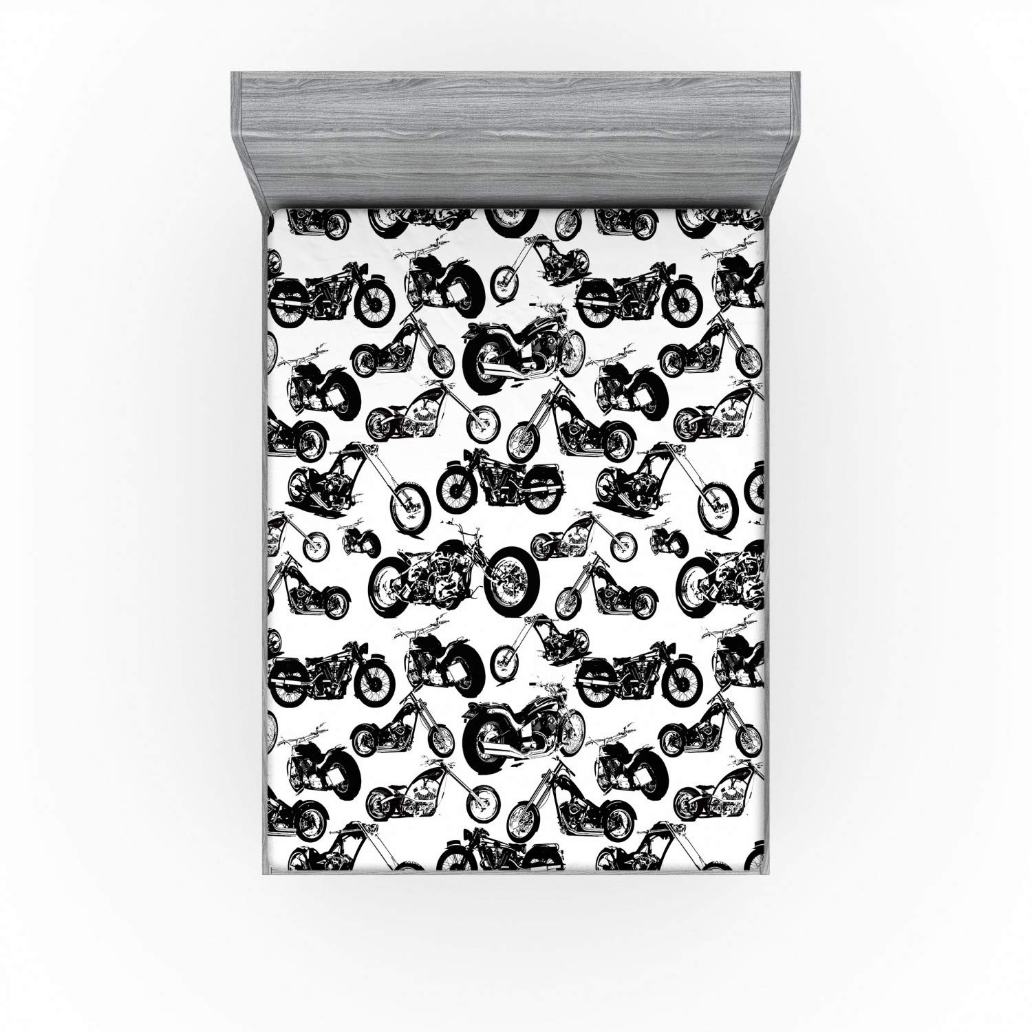 Ambesonne Manly Fitted Sheet, Different Models of Motorbikes Race Adventure Amusement Extreme Sport Theme, Soft Decorative Fabric Bedding All-Round Elastic Pocket, Full Size, Dark Charcoal White