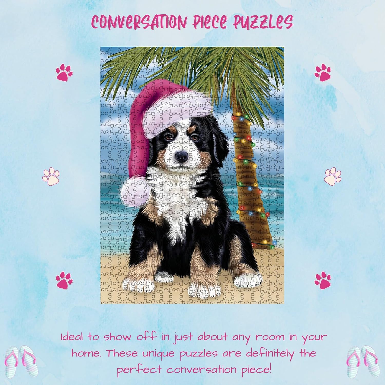 Christmas Summertime Beach Bernese Mountain Dog Jigsaw Puzzle for Adults - Animal Printed Interlocking Puzzle Game Artwork - Gift for Dog Lover's - 500 Pcs 20.5"x15"