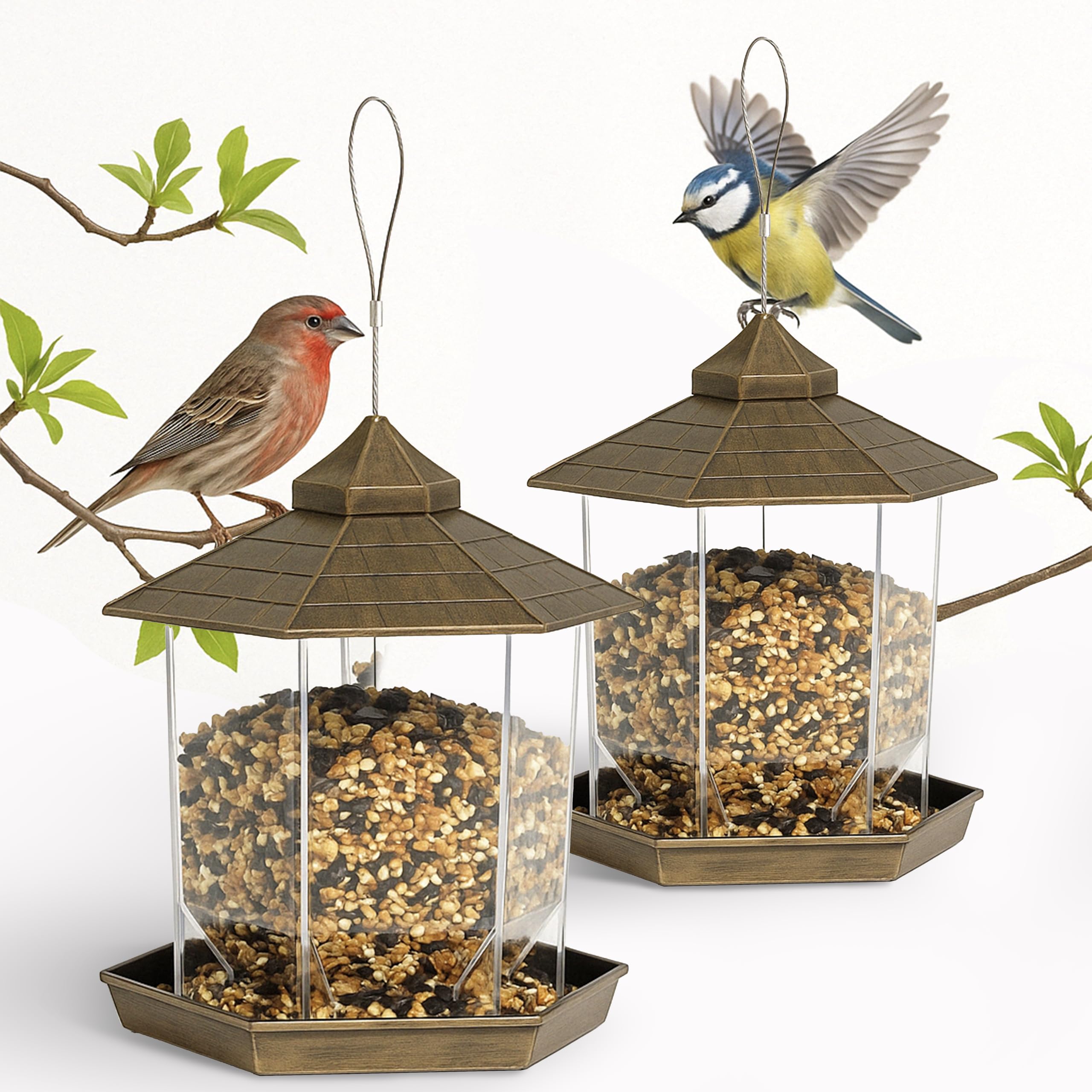 GloBrite 2 Pack Hexagon Bird Feeder - Bird Seed Feeder, Outdoor Bird Feeding Station | All Weather Hanging Stations for Small Birds, Garden Ornaments for Wild Birds
