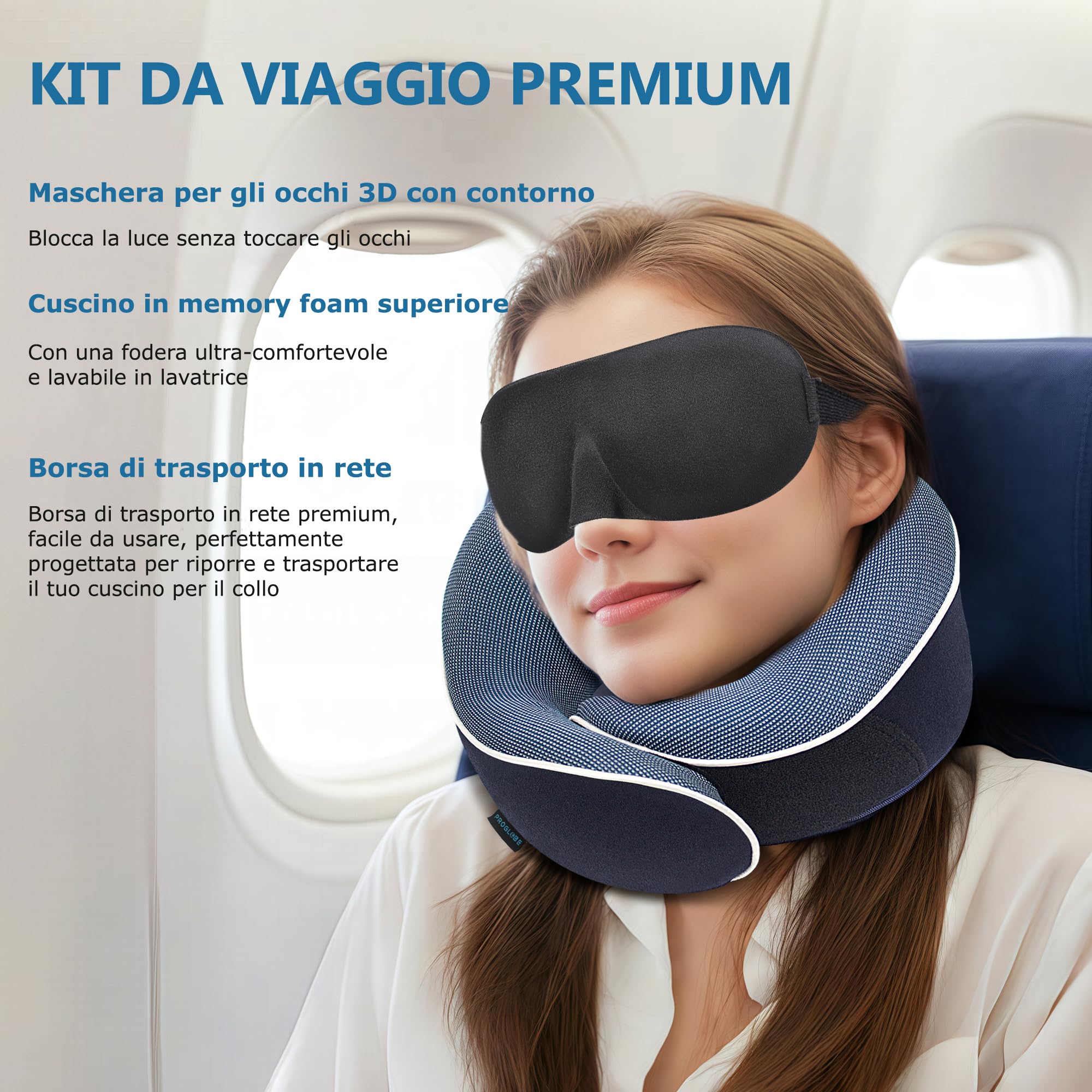 Proglobe Cuscino cervicale ortopedico da viaggio per aerei, kit in memory foam, materiale di riposo aggiornato, set da viaggio in aereo con maschere per gli occhi sagomate 3D e borsa, blu