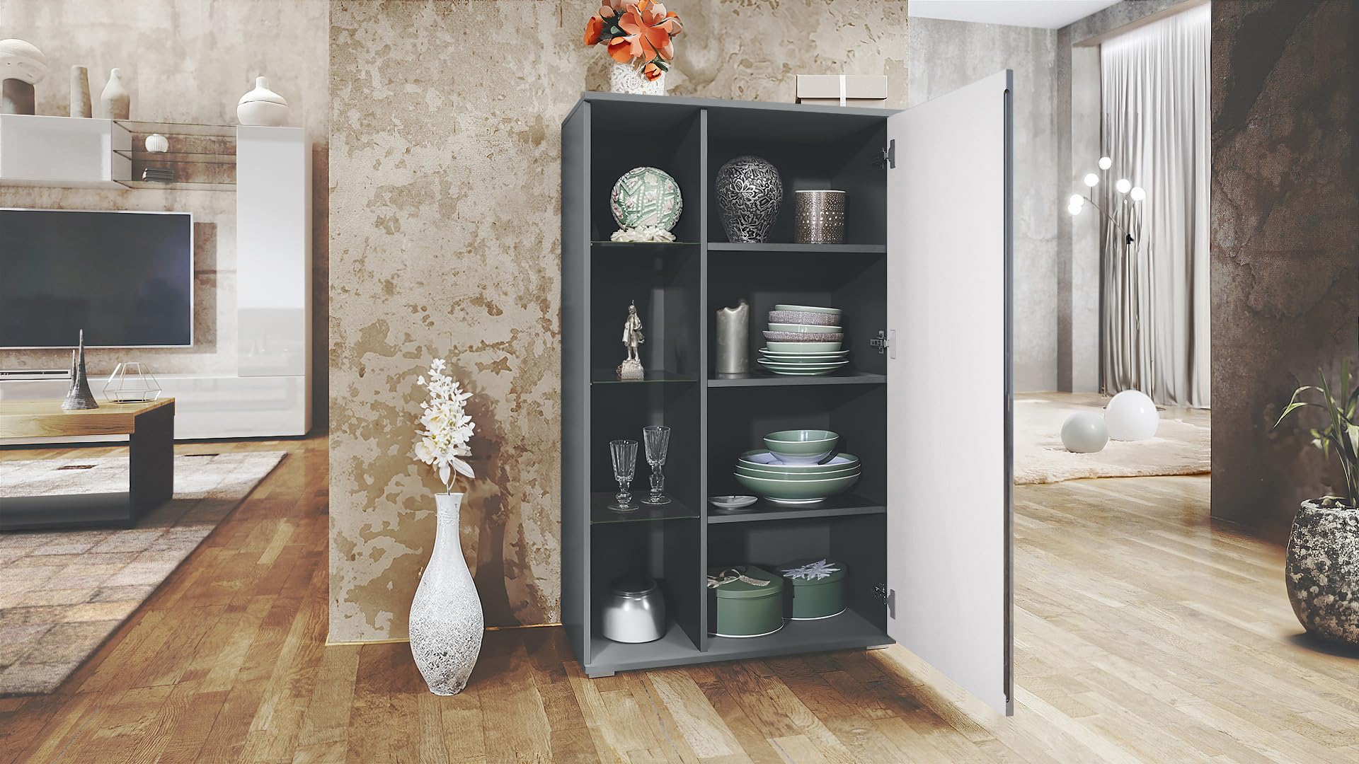 Vladon Vitrine Davos, Made in Germany, Standvitrine mit 3 Glasböden und 8 Fächer inkl. LED, Anthrazit matt/Eiche Wotan (71,5 x 134 x 35 cm)