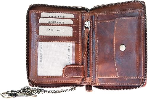 Vista 3 de FLW Cartera de piel auténtica esmaltada con cremallera alrededor (cremallera alrededor) con cadena, Marrón, Cartera con cremallera