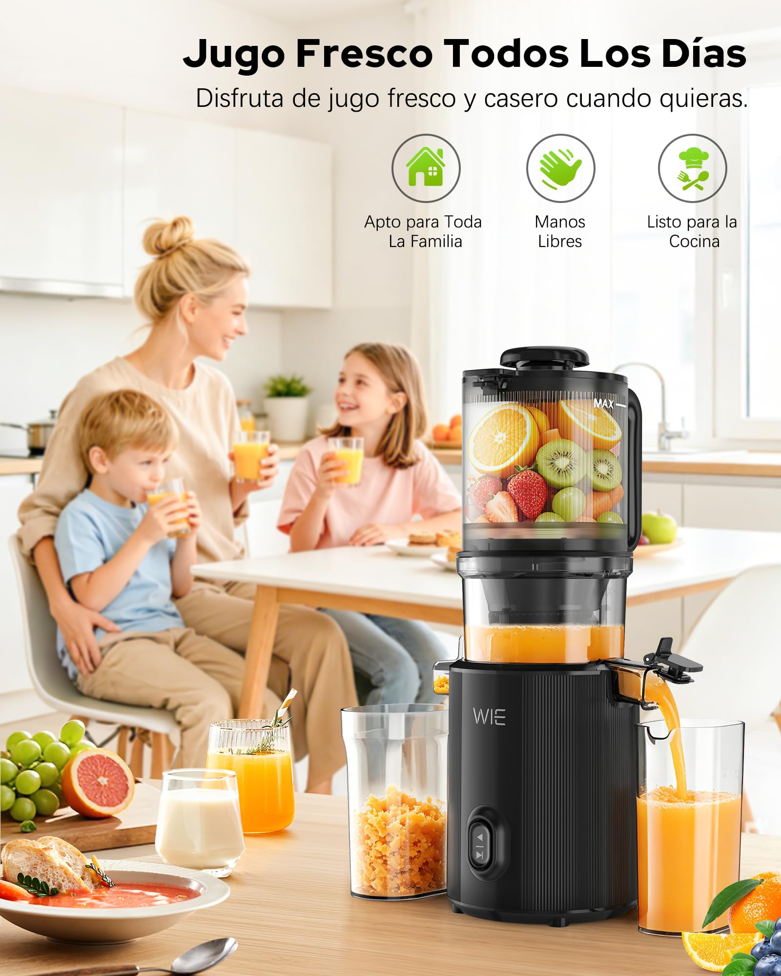 WIE Extractor de Zumos y Verduras, 300W Licuadora Prensado en Frío | Slow Juicer Machine con Boca XL 135mm, Capacidad 2,2 L para Frutas y Verduras Enteras, Fácil Montaje y Limpieza, Sin BPA