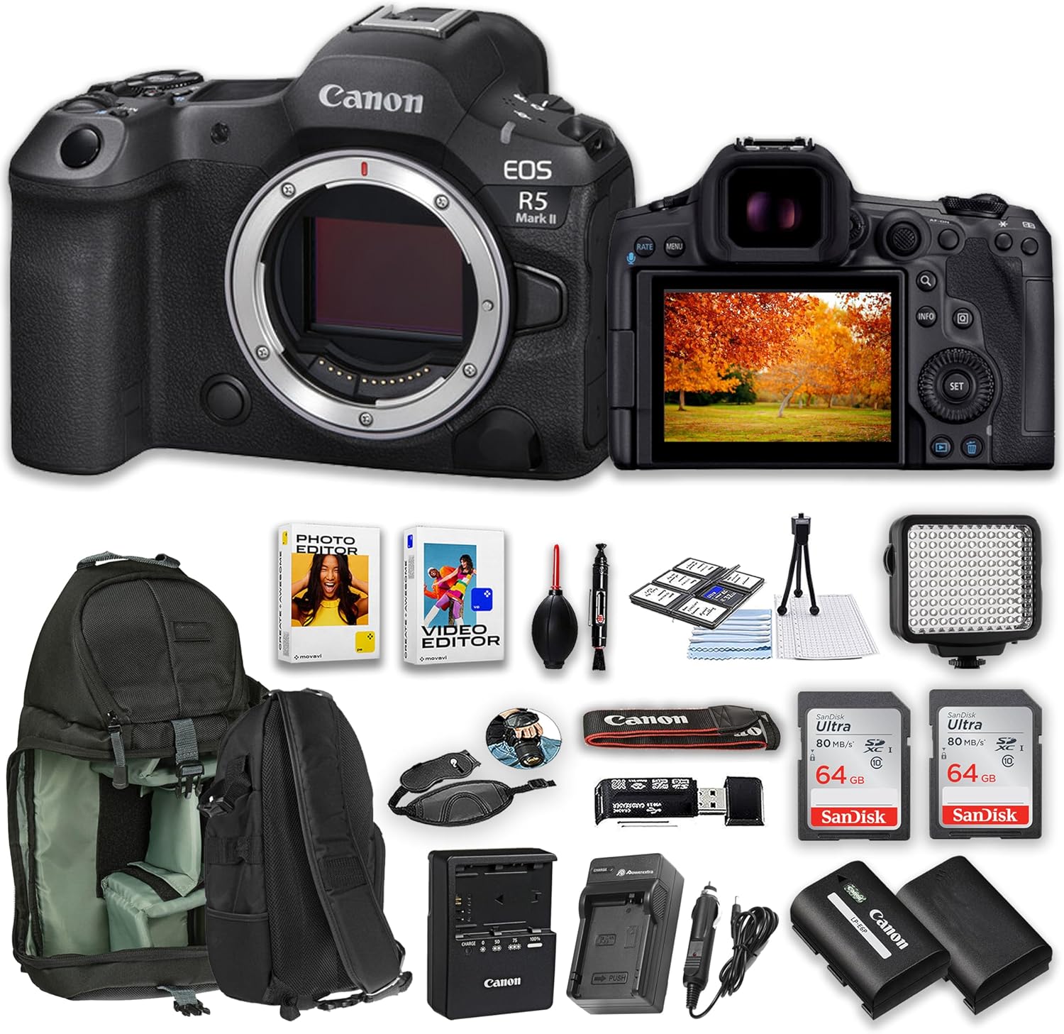 Canon EOS R5 Mark II Mirrorless Camera with Canon RF 24-50mm Lens + LED Square Light + Microphone + 64GB Memory Card + Sling Backpack + Filters + Tripod & More (Renewed)