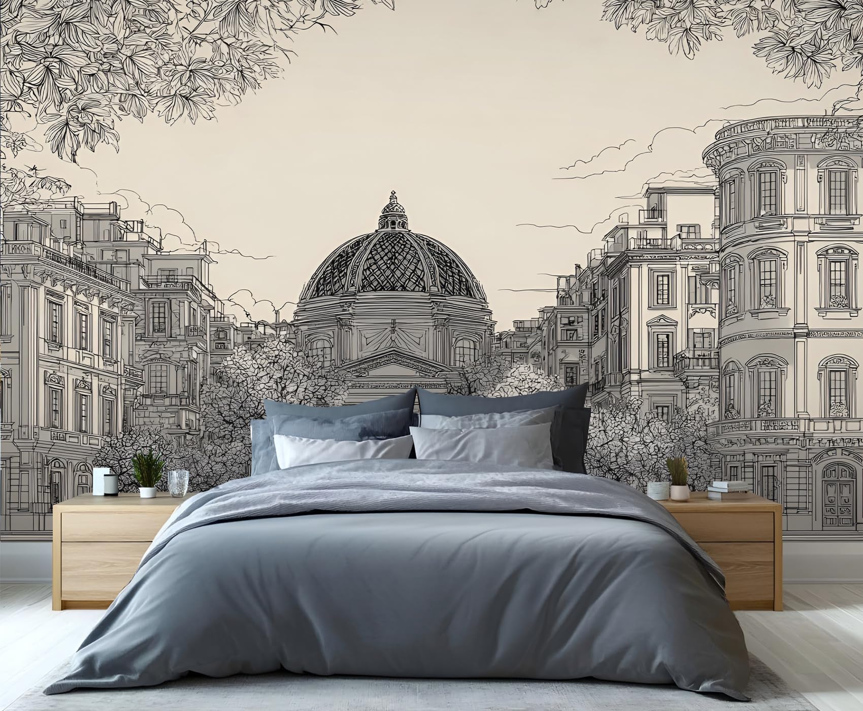 Architectural Sketch Murals Urban Street Tree View Wallpaper European Style Buildings Wallpaper for Walls for Kids Bedroom Living Room Boys Room Sofa TV Background Large Mural Poster 300X210cm