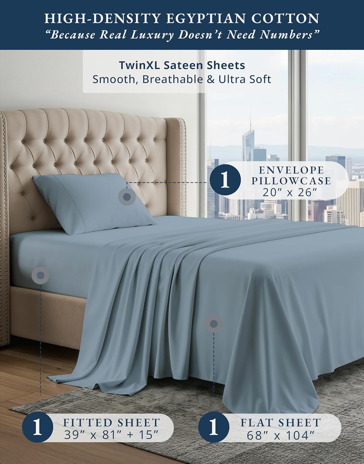 LANE LINEN 100% Egyptian Twin XL Sheets Set, Soft & Comfy Thick Fully Elasticized Mercerized Cotton Twin Extra Long Sheet Set, No Pill Fade Resistant Elegant Twin XL Bed Sheets - French Blue - Image 2