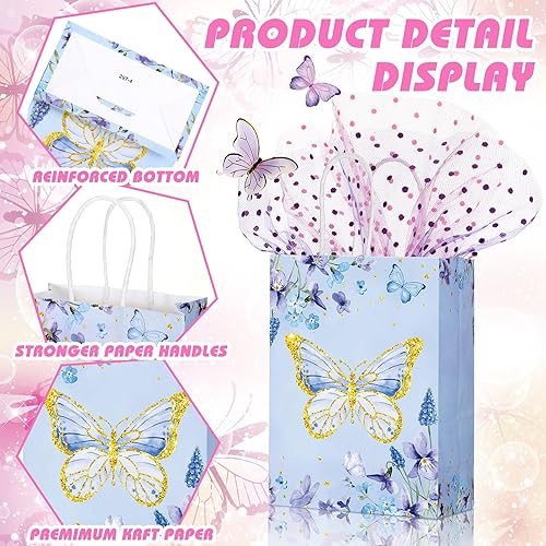 Miniatura 5 de Outus 24 bolsas de regalo de mariposa para fiestas, bolsas de papel de regalo de mariposa con asas, morado, azul, rosa, primavera, agradecimiento,