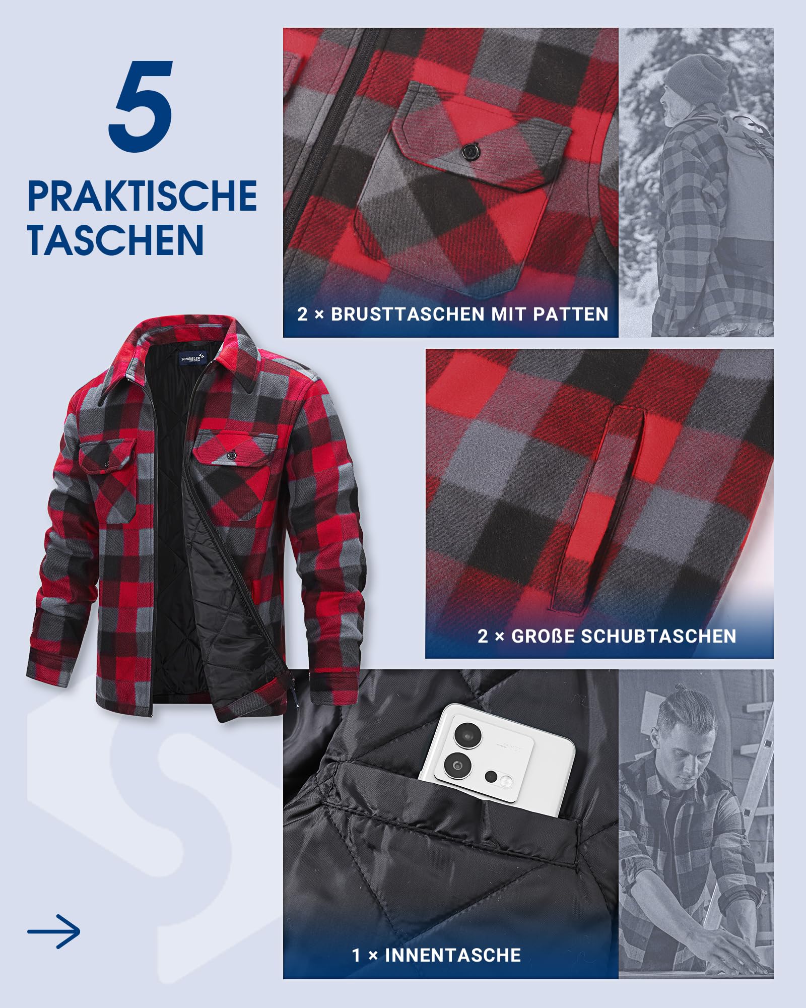 Scheibler Holzfällerhemd Herren Flanellhemd Warm Gefüttert Hemdjacke Karohemd -Outdoor Fleecejacke Langarm Thermohemd Männer Arbeitshemd mit 4 Taschen
