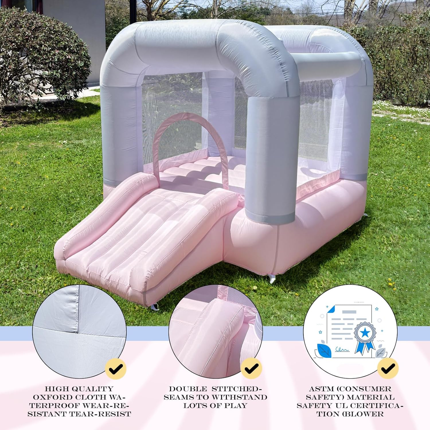 9FT Kids Bounce House with Safety Handrail for Toddlers 2-6, Foldable Indoor/Outdoor Jumper for Backyard & Playroom, Encourages Active Play & Balance Development (Pink+Purple)