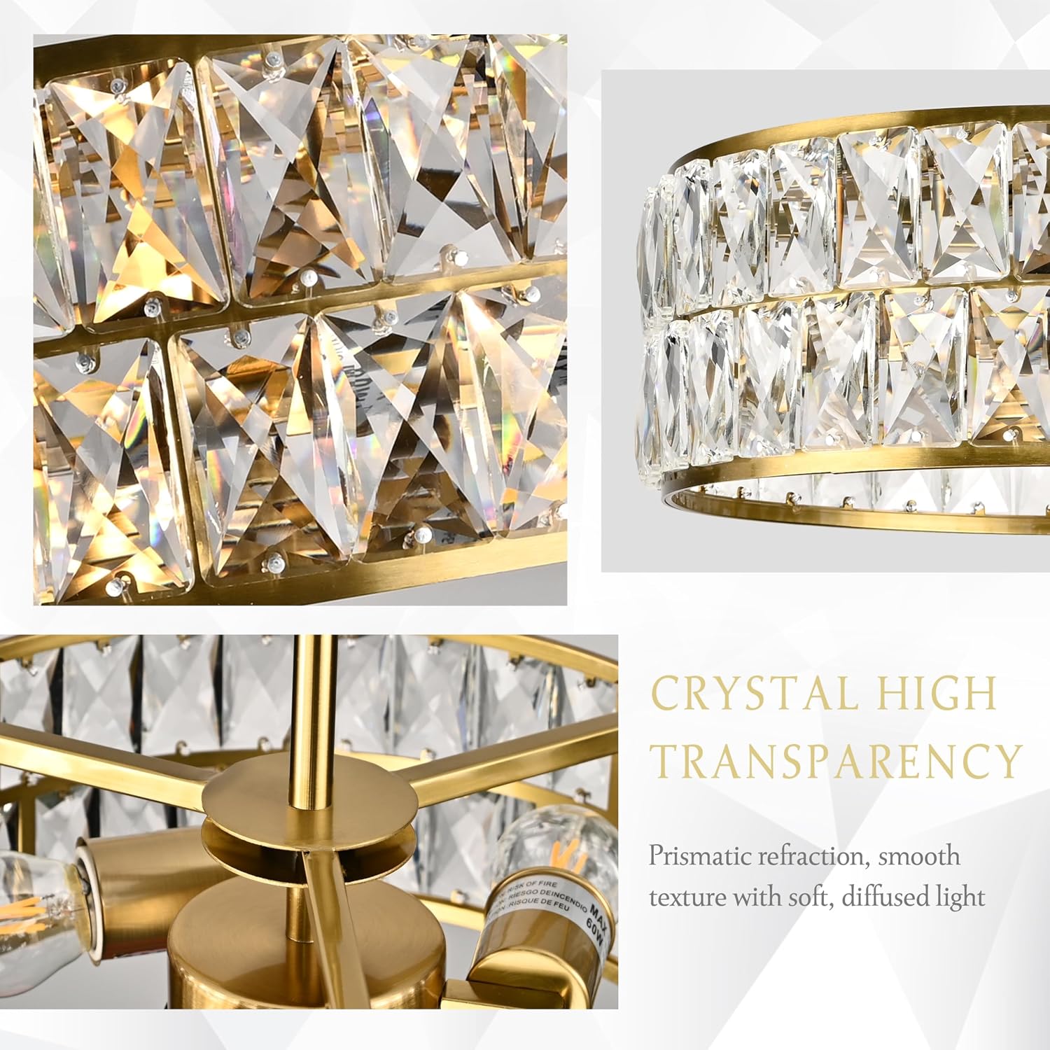 12" Modern Crystal Pendant Light Contemporary Round Pendants Lights Brushed Gold Drum Shade Crystal Chandelier Adjustable Crystals Light Fixture for Living Room Dining Room Foyer