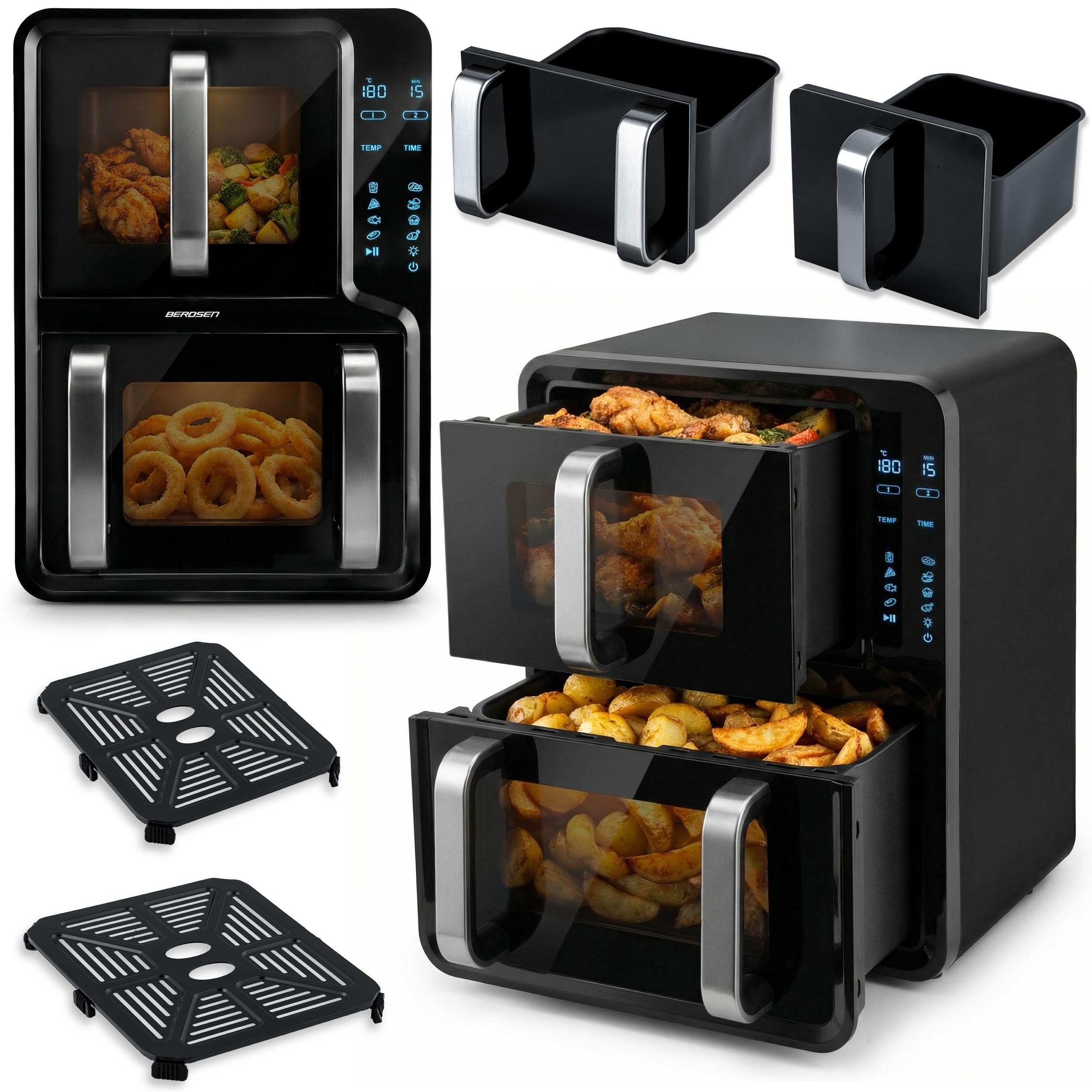 Berdsen Frytkownica Beztłuszczowa Airfryer na Gorące Powietrze 12 l - Dwukomorowa Pionowa 5 l + 7 l, 2800 W, 8 Programów, Ekran Dotykowy, Okienko LED - Pieczenie, Grillowanie i Suszenie - Czarna