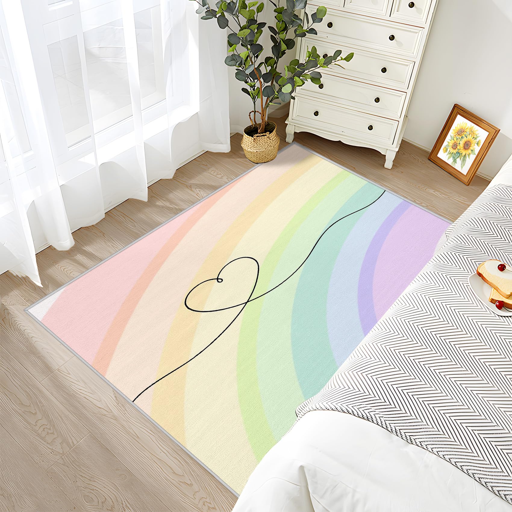 Regenbogen Deko, Bunt Teppich 100x150 Kurzflor, Teppich Wohnzimmer Herz, Weich rutschfest Waschbare Teppiche, Bettvorleger Schlafzimmer Kinderzimmer