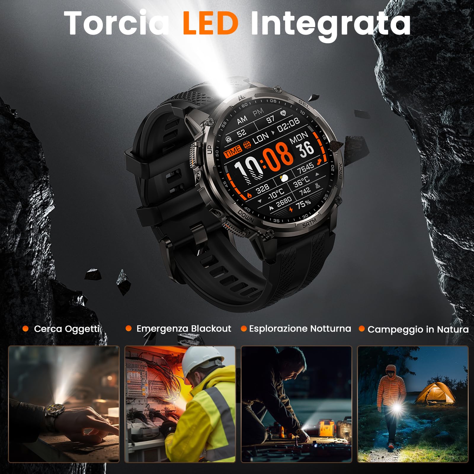 KOSPET Tank T4C Smartwatch Uomo Rugged con Torcia Integrata, 5 ATM & IP69K | GPS a 6 Satelliti, Batteria 15 Giorni, Monitor Sonno e Frequenza Cardiaca, 170+ Modalità Sportive per Android & iPhone, Nero