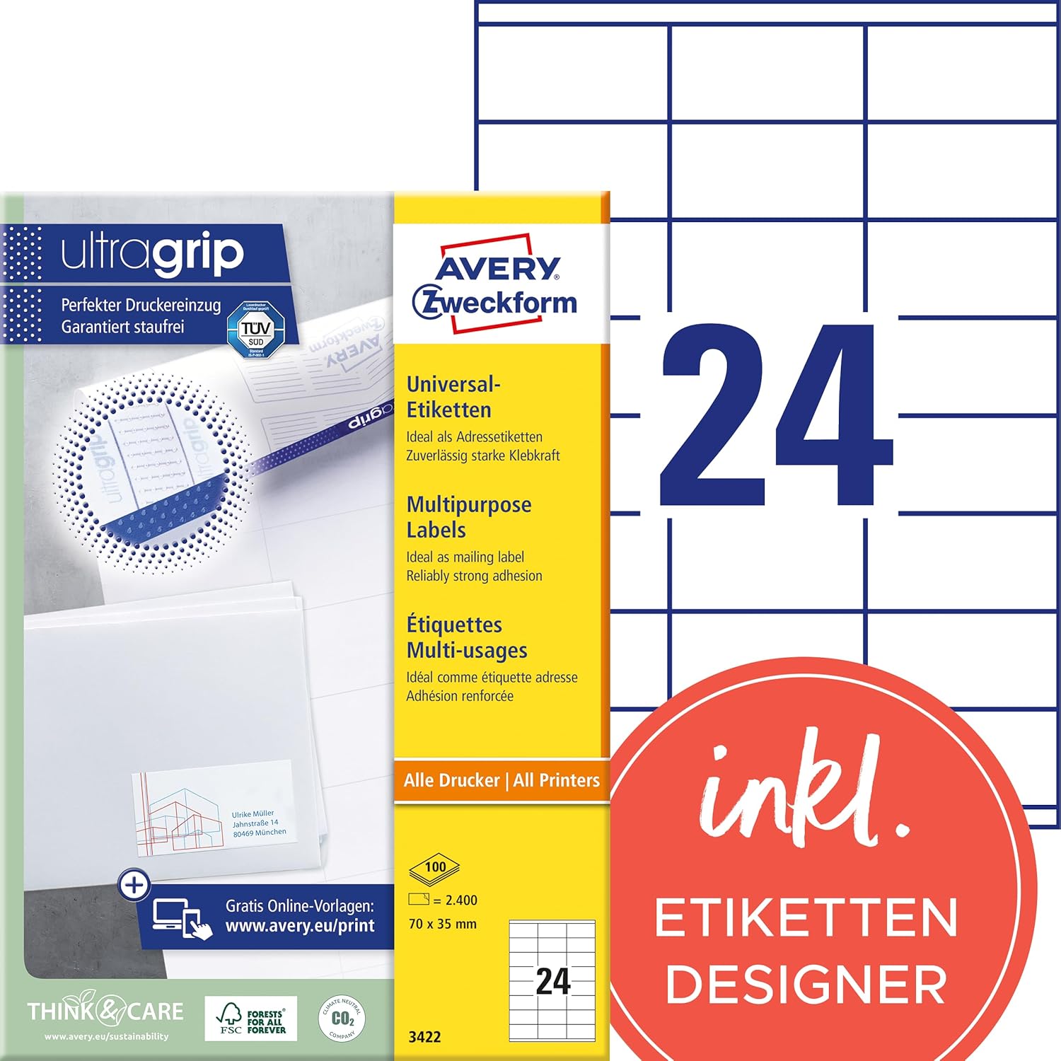 Avery Zweckform Universal-Etiketten Etikett 70x35mm InkjetLaserCopy A4 100BLATT 2400ST Weiss