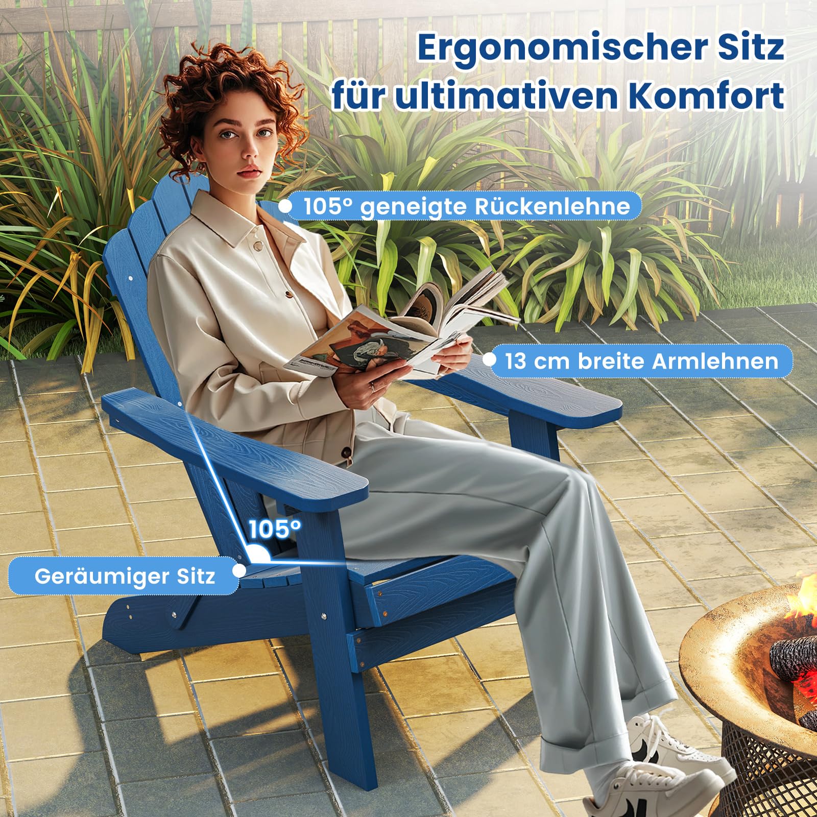 COSTWAY Adirondack Stuhl klappbar, wetterfester Adirondack Chair aus Kunststoff, Gartensessel mit hoher Rückenlehne & Breiten Armlehnen für Garten, Terrasse, 180 kg Tragfähigkeit (Marine)