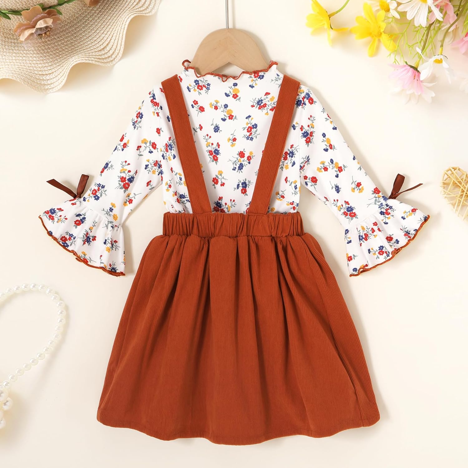 Toddler Baby Girl Fall Overall Dress 3/4 Flare Sleeve Shirt Corduroy Skirt Jumper 2Pcs Autumn Outfit Sets 1-5T - Image 4