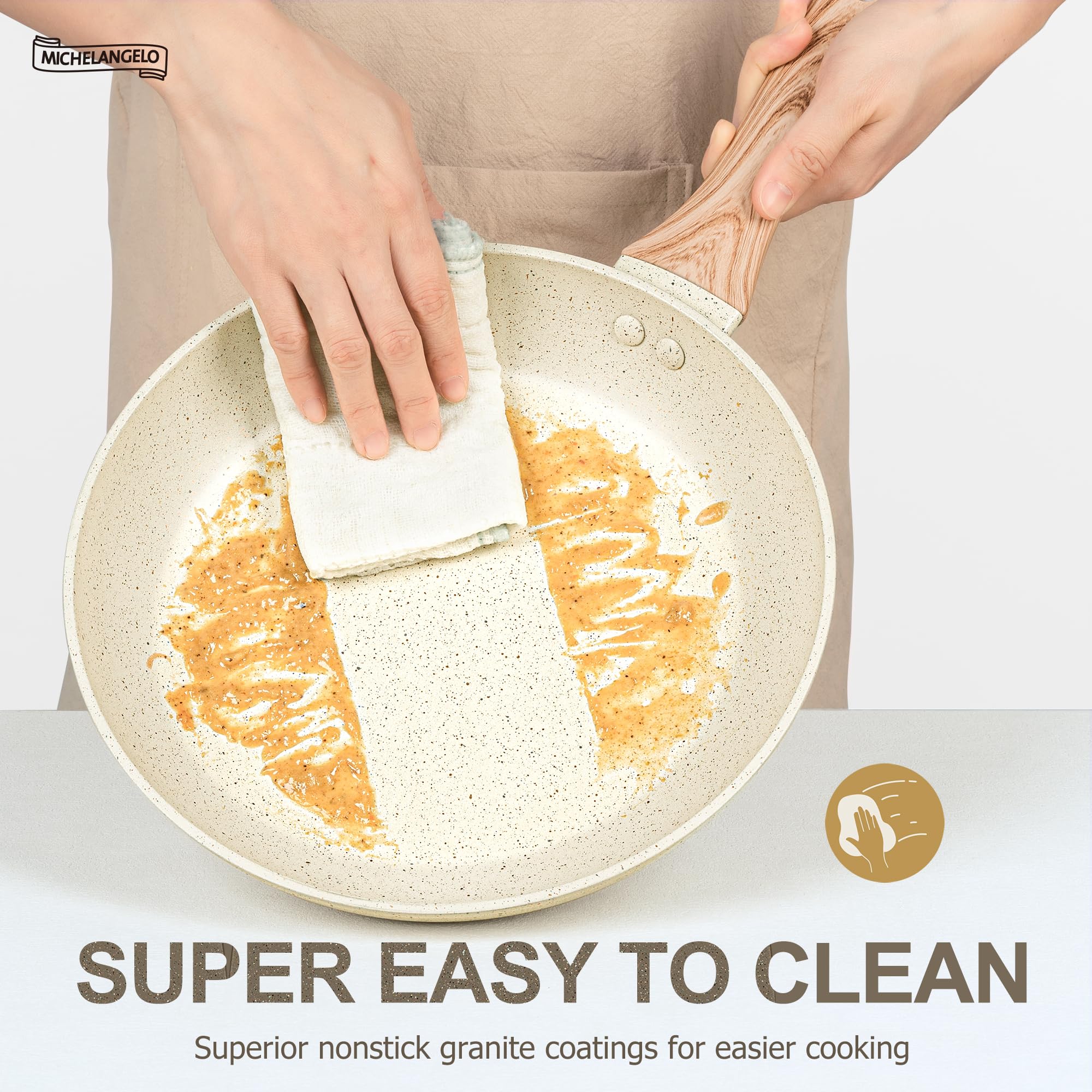 MICHELANGELO 20cm Frying Pan with Lid, Small Pan with Nonstick Stone Coating, Healthy & Non-Toxic, Cream White - Image 3