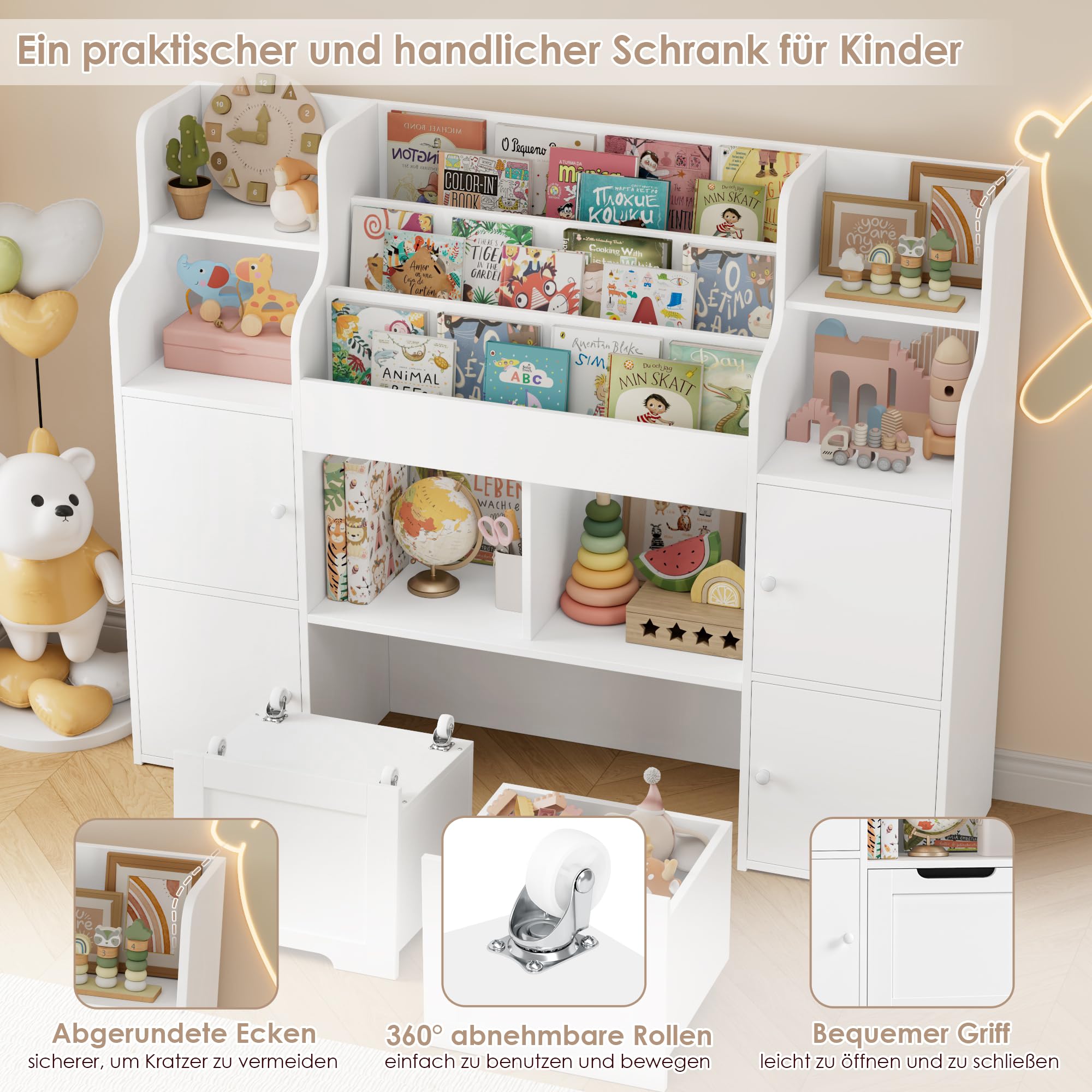FOREHILL Kinderregal mit Bücherregal Kinderzimmer Möbel aus Holz Bücherregal für Kinder mit Aufbewahrungsbox Kinderschrank mit 2 Spielzeugkiste auf Rollen 122 x 30 x 100 cm