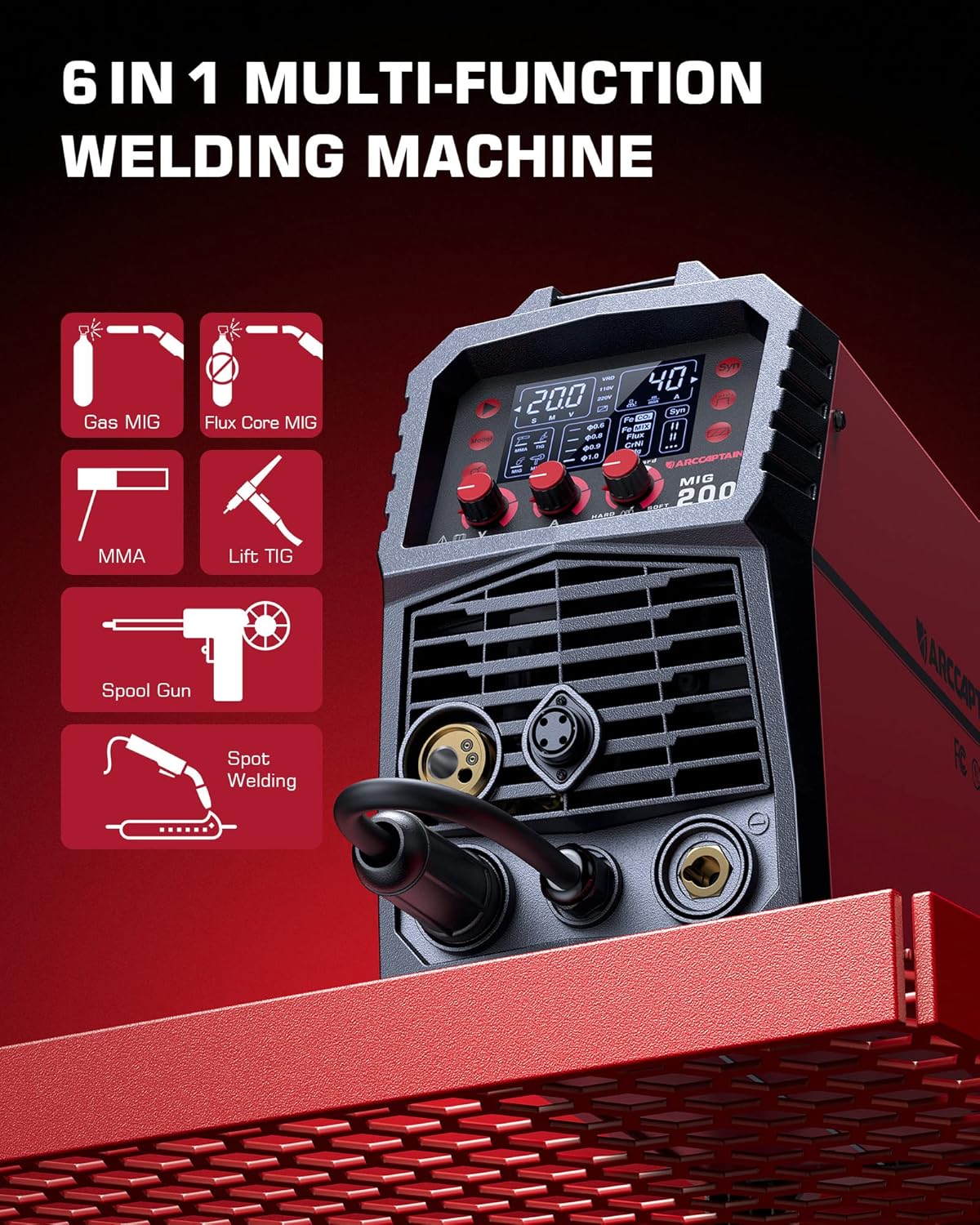 Diagram showing 6-in-1 multi-function welding machine capabilities