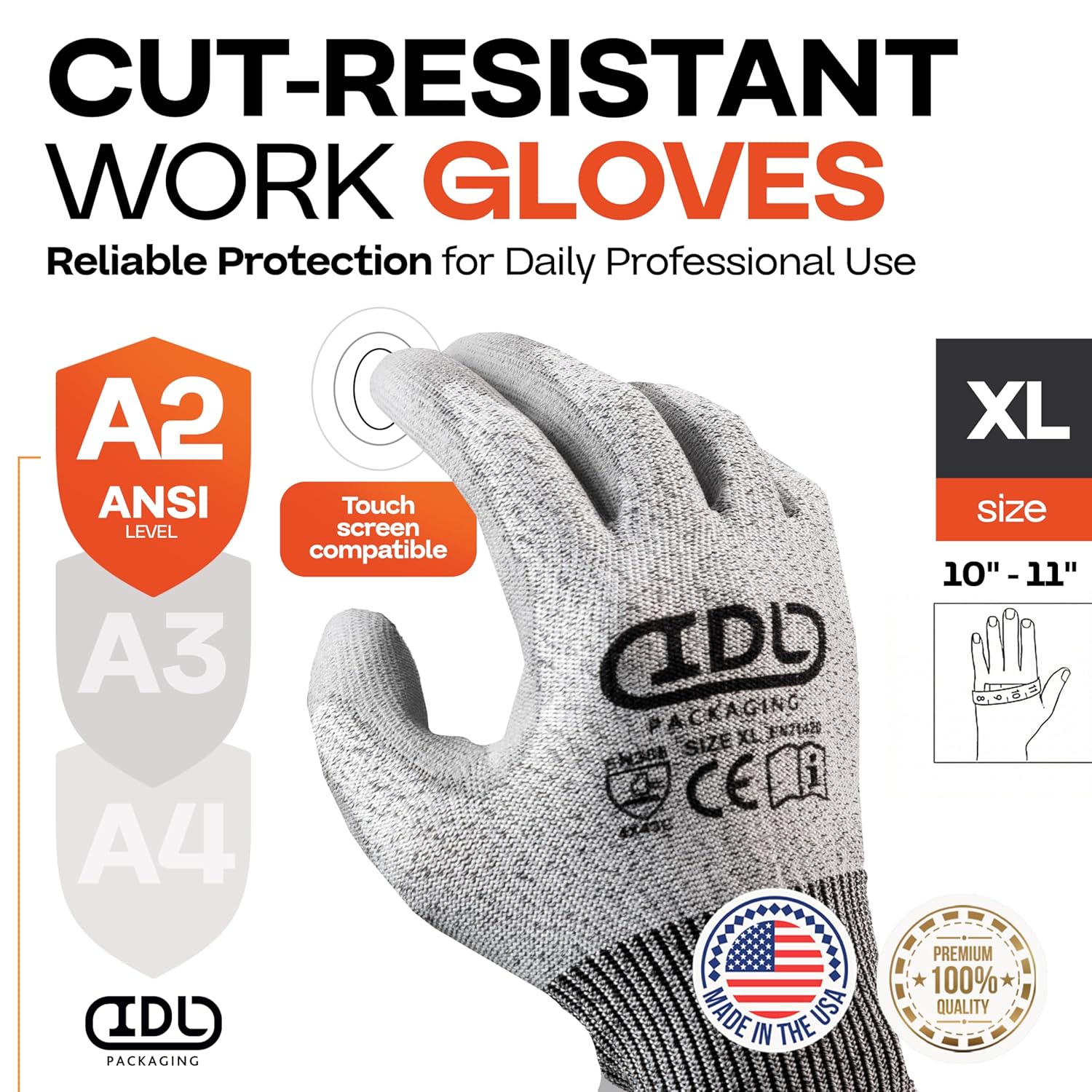 Grey Cut Resistant Gloves ANSI A2, XL-Size, 6 Pairs - Heavy-Duty HPPE Coated Work Gloves - Touchscreen & Non-Slip Mechanic Mitts for Woodworking, Glass Cutting, Construction by IDL Packaging