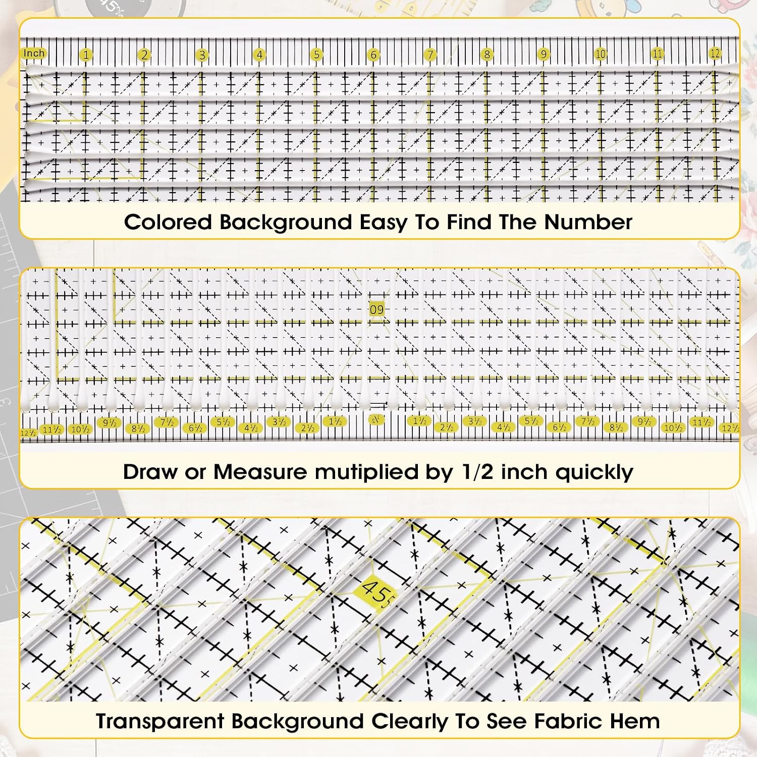 Quilting Ruler- 12.5 * 12.5" Slotted Ruler for Precise Fabric Cutting, Sewing Ruler for Quilting