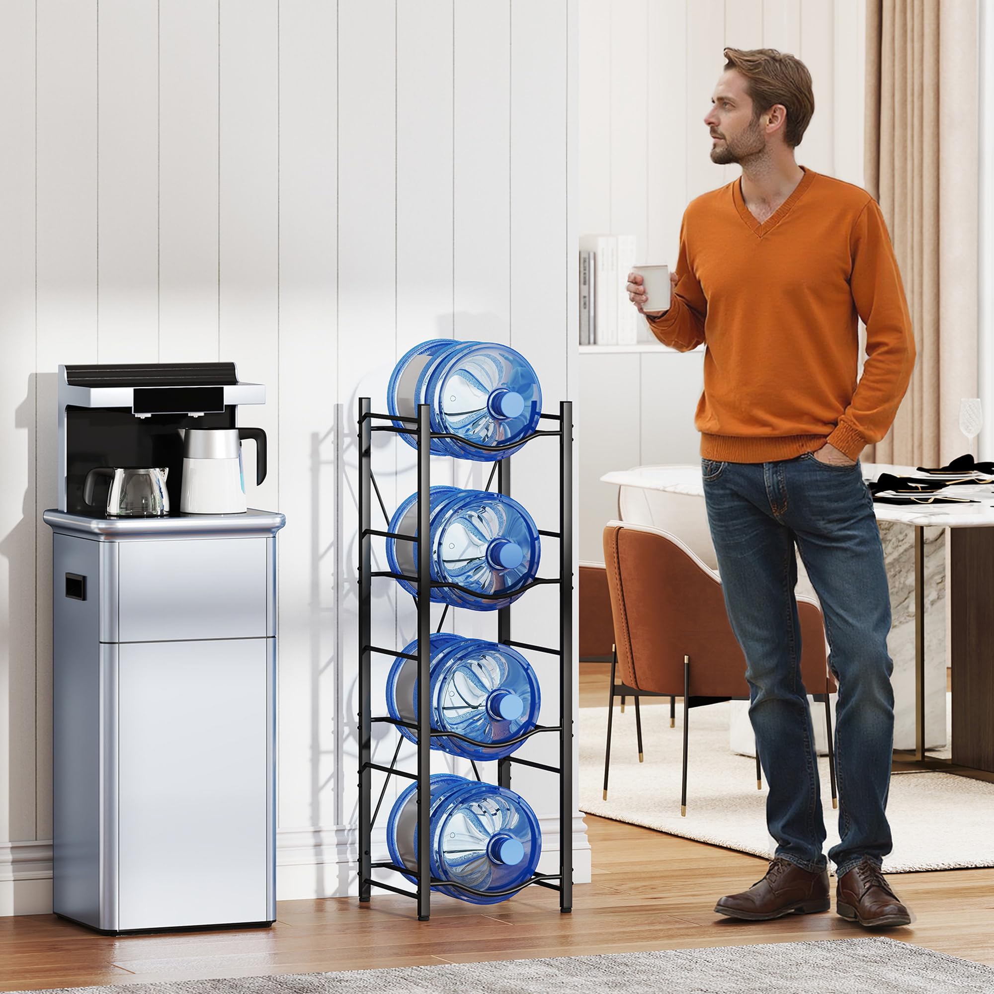 HOMCOM Soporte para Garrafones de Agua de 4 Niveles Estante de Almacenamiento para Botellas de Agua con Estructura de Metal Reforzada para Cocina Comedor Sala de Estar Negro