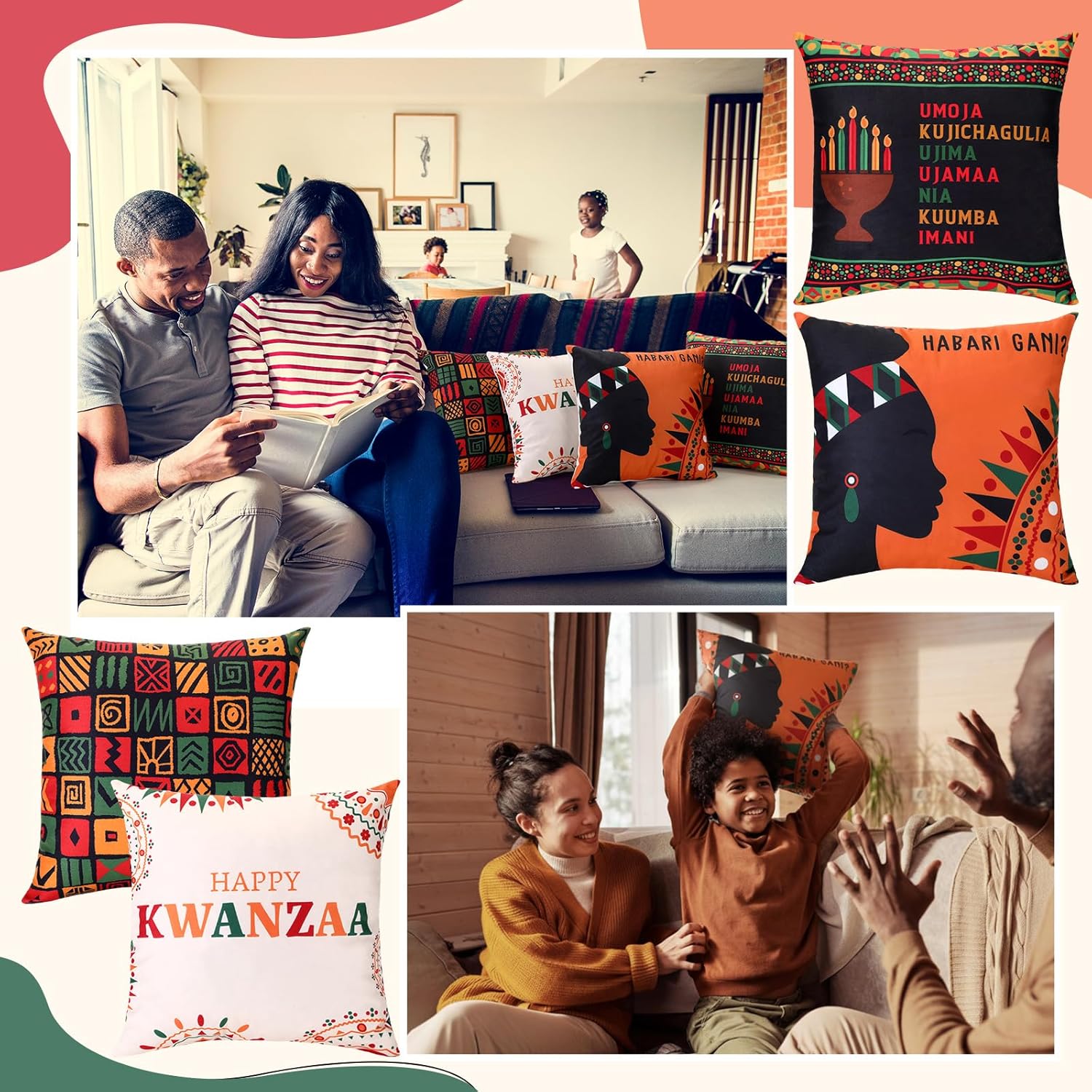 Breling 8 Pack Kwanzaa Throw Pillow Covers Set, 18" x 18" African American Holiday Cushion Cases Happy Kwanzaa Holiday Decorations for Couch Sofa Home