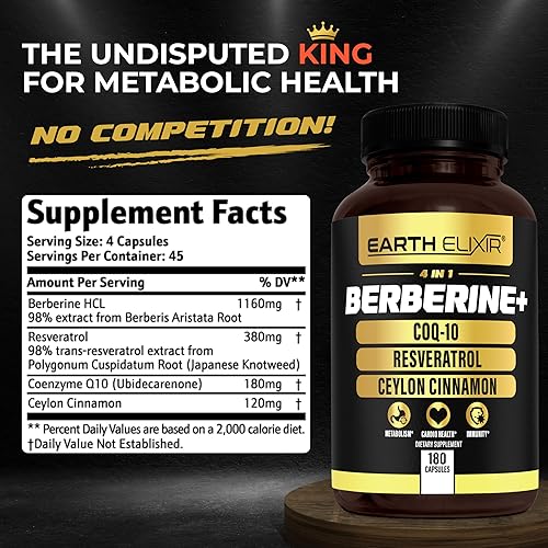 Miniatura 2 de Earth Elixir Suplemento de berberina 4 en 1 – Berberina orgánica con canela de Ceilán, Ubiquinol CoQ10 y polvo de resveratrol – Apoyo de energía