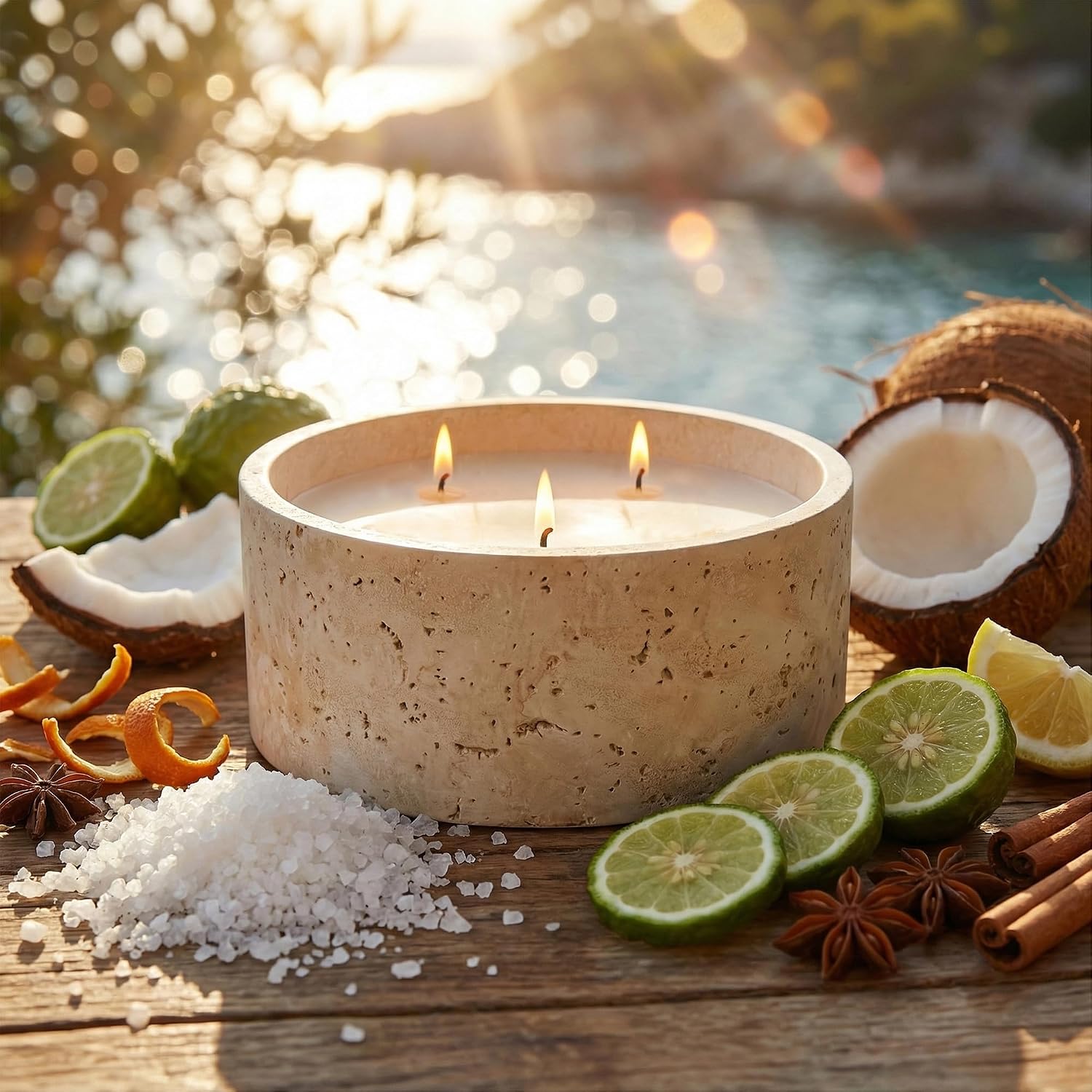 GalDal Scented Candle - Sea Salt & Bergamot & Coconut, 21 oz. 3 Wick Scented Candle Made with Coconut Oil and Soy Blend Wax | Acacia Wood Lid