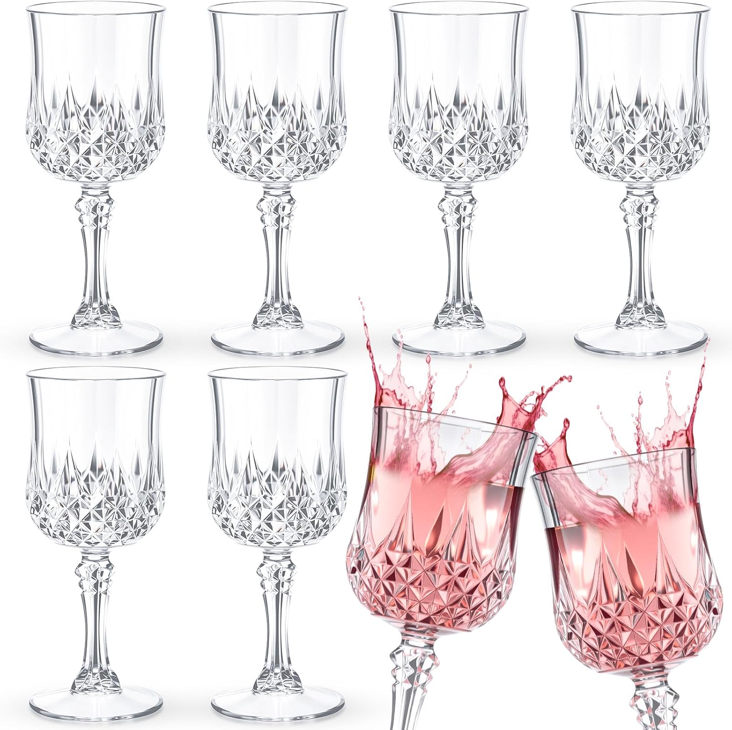 Singhoow 6-Pack Vintage Plastic Goblet Glasses - 7.5 Oz Clear Crystal-Design Cups For Wine & Cocktails - View #8