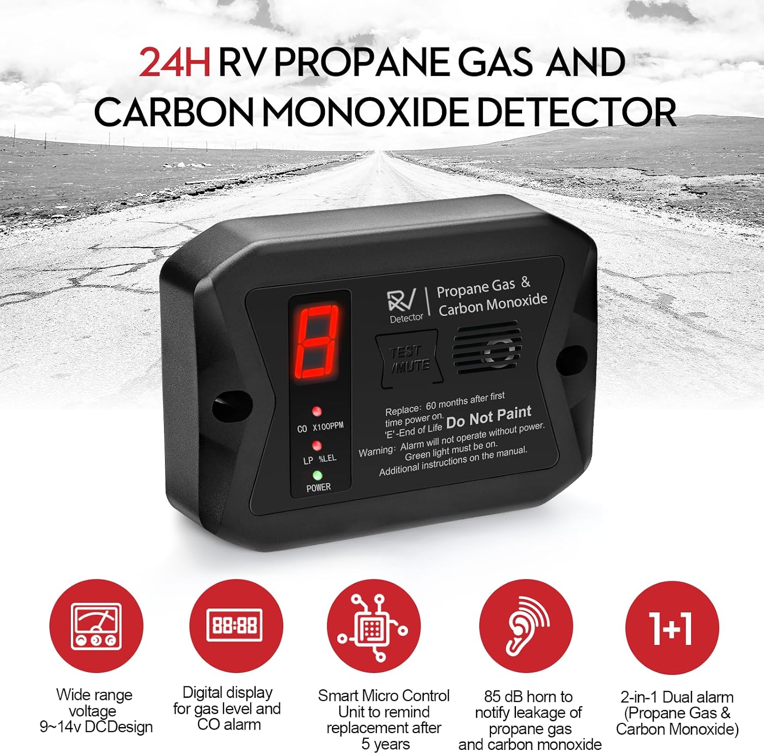 RV Propane Gas Detector, RV Carbon Monoxide and Propane Detectors, 12V DC, 3 Brackets Compatible with All Other Brands, Flush & Surface Mount, Black Color