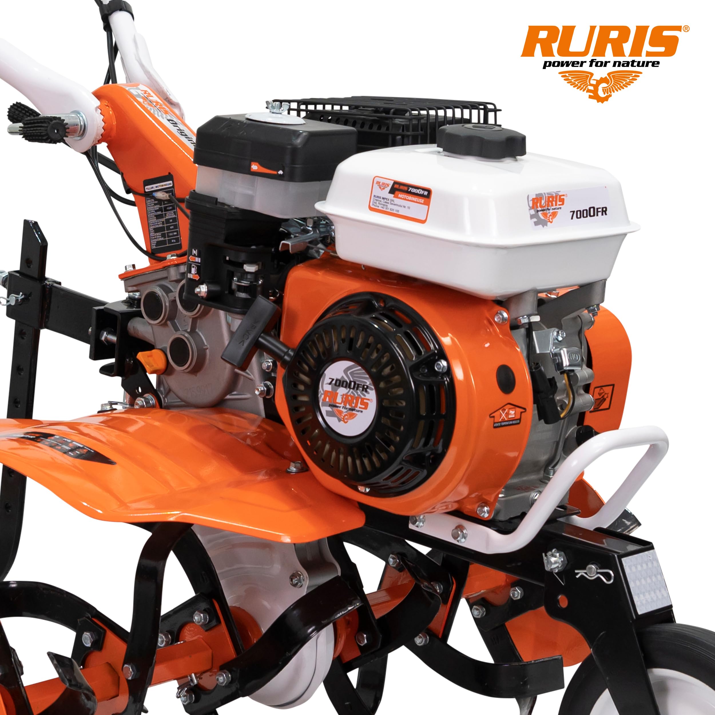 RURIS POWER FOR NATURE Motobineuse 7000fr, 7 CV, 24 Fraises, Largeur de Travaille 560-830mm, guidons Ajustable + Butteur + Lot Contrepoids 10kg, Orange