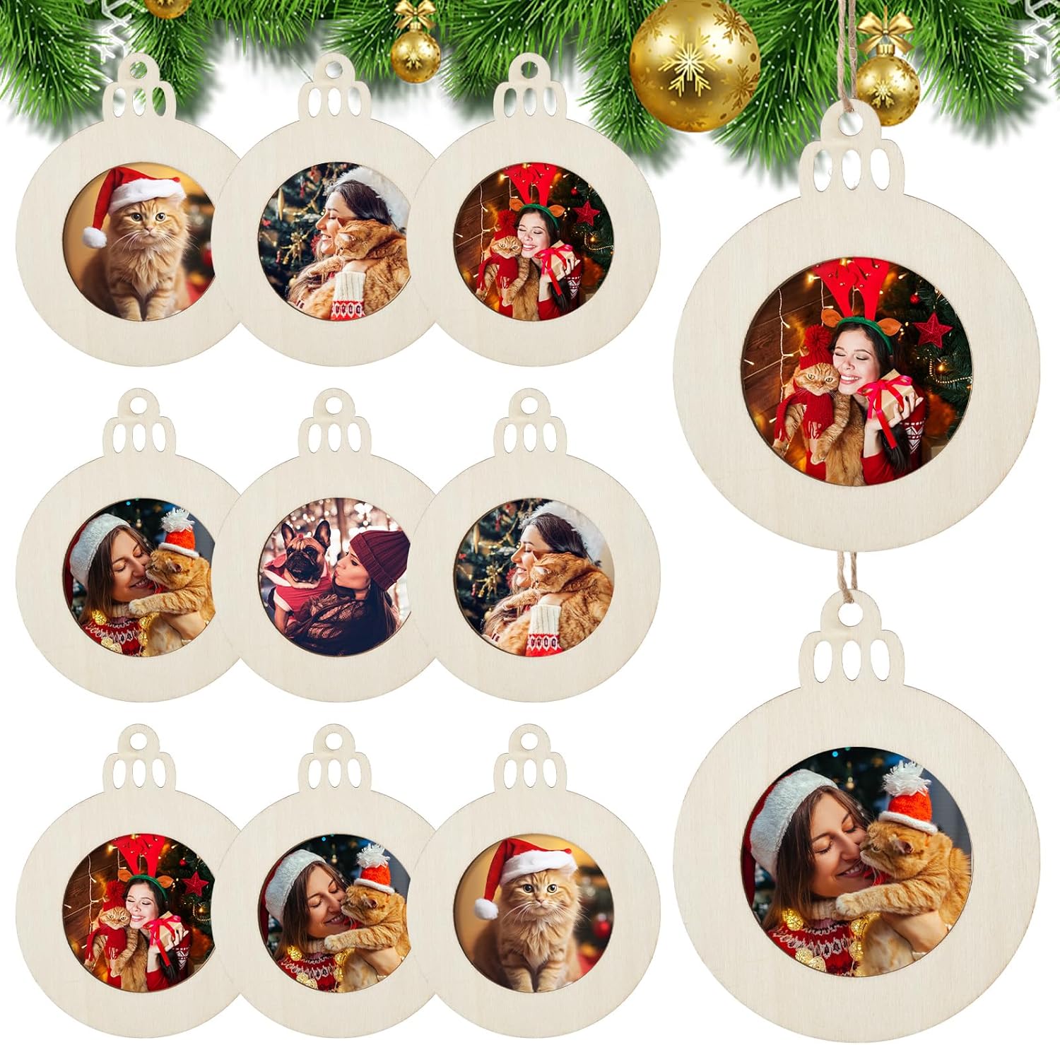 GlikCeil 30 Pcs Christmas Picture Frame Ornaments DIY Wooden Photo Frame Bulk to Paint Unfinished Personalized Hanging Picture Frames Ornaments with Hemp Rope for Holiday Xmas Tree Decoration