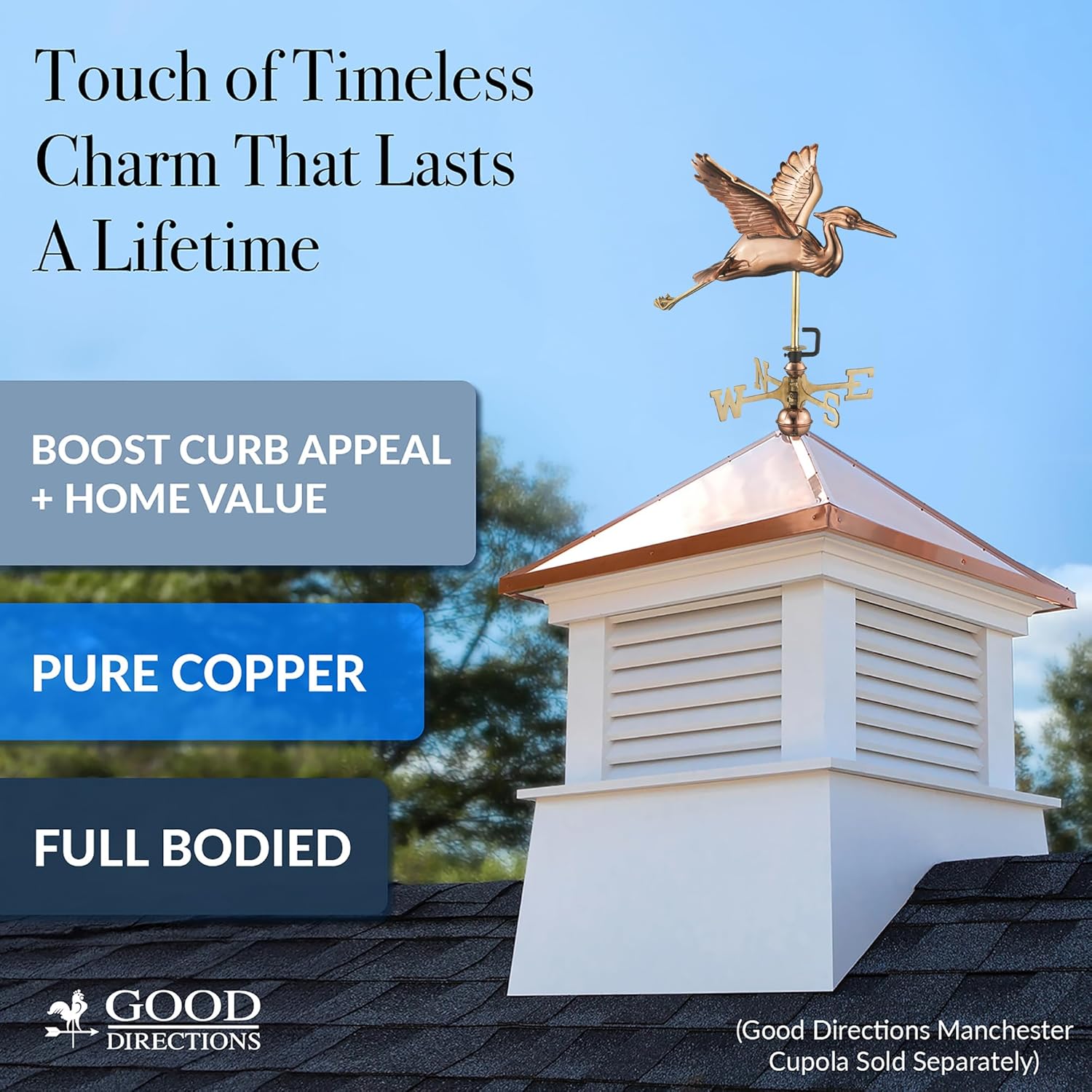 Good Directions 8805PR Blue Heron Cottage Weathervane, Polished Copper with Roof Mount