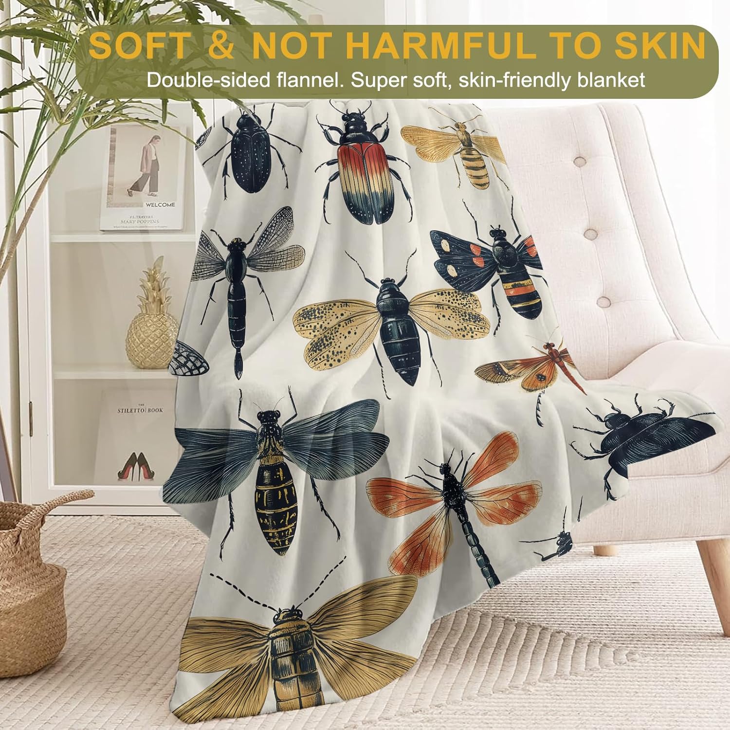 Insects and Bugs Flannel Blanket - Lightweight Soft Cozy Unique Gifts Blankets for Kids,Adult,Women,Vintage Entomology Beetle Dragonfly Moth Throw,Home Room Modern Retro Decor 50x60in - Image 2