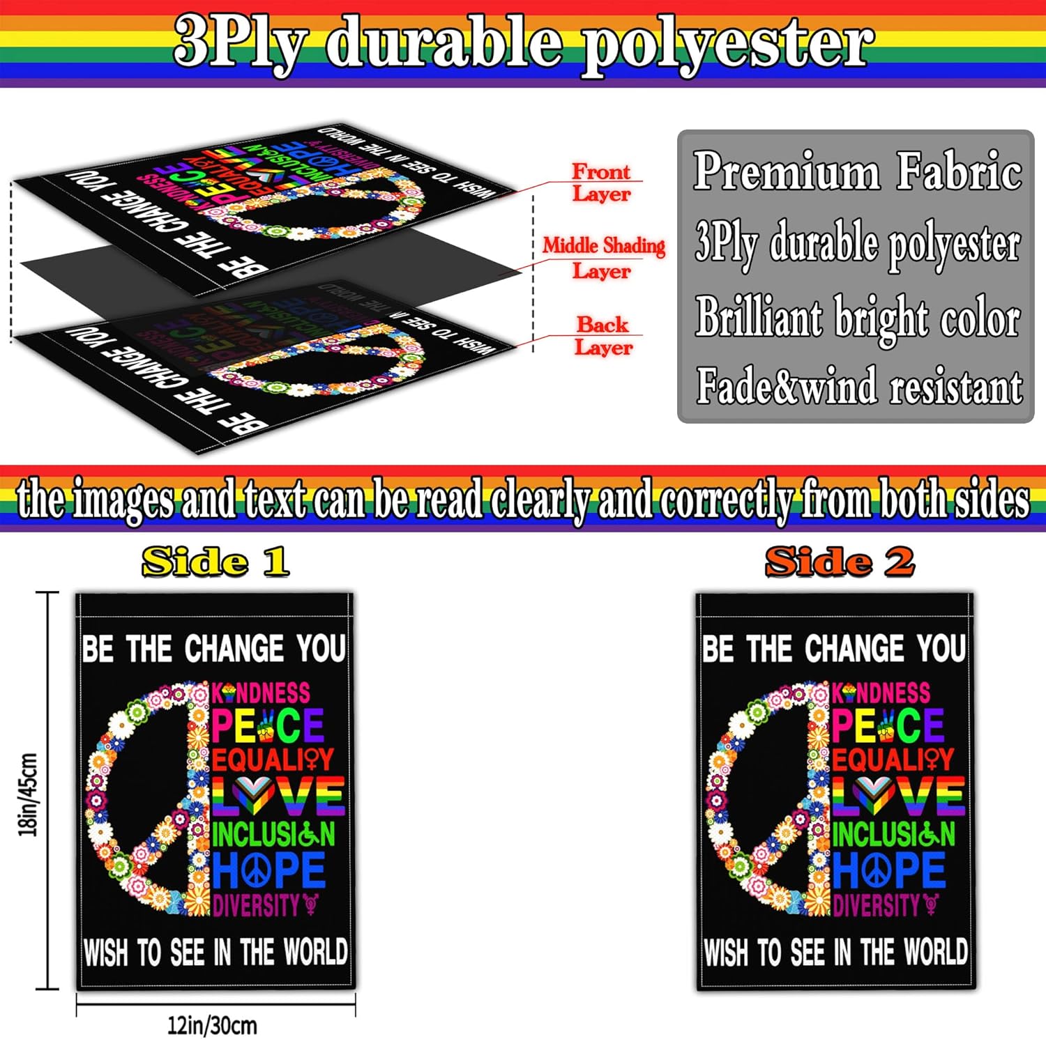 Kindness Peace Equality Love Inclusion Hope Diversity Garden Flag Pride Garden Flags for Outside 12x18 Double Sided LGBTQ Liberal Human Rights Resist Garden Flag Outdoor House Yard Sign Decorations - Image 4