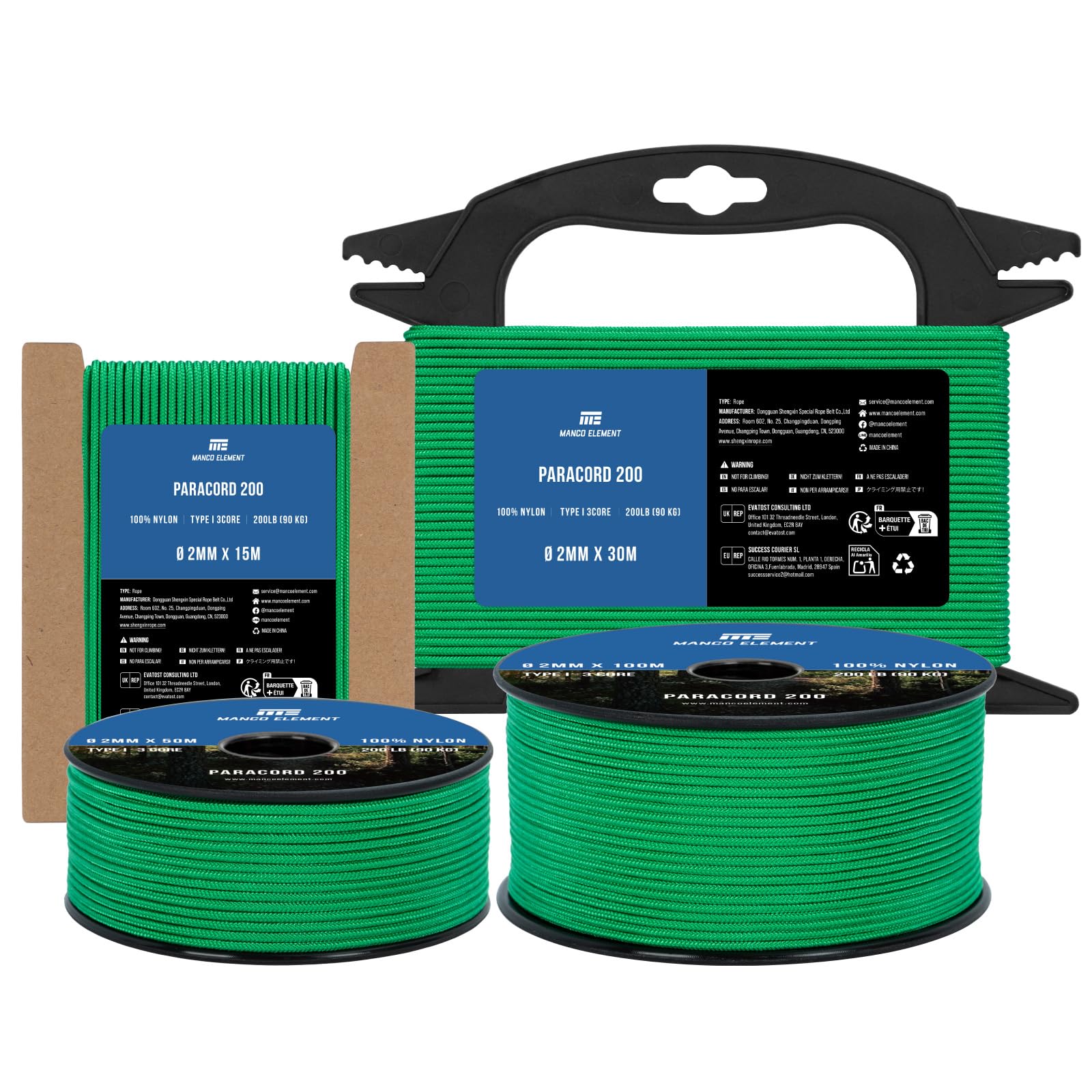 Manco Element Jade Green Paracord 2Mm 30M 3 Strands Type I | 100% Nylon Parachute Cord Rope | 90Kg Load Capacity - Ideal For Diy, Crafting, Outdoor, Camping