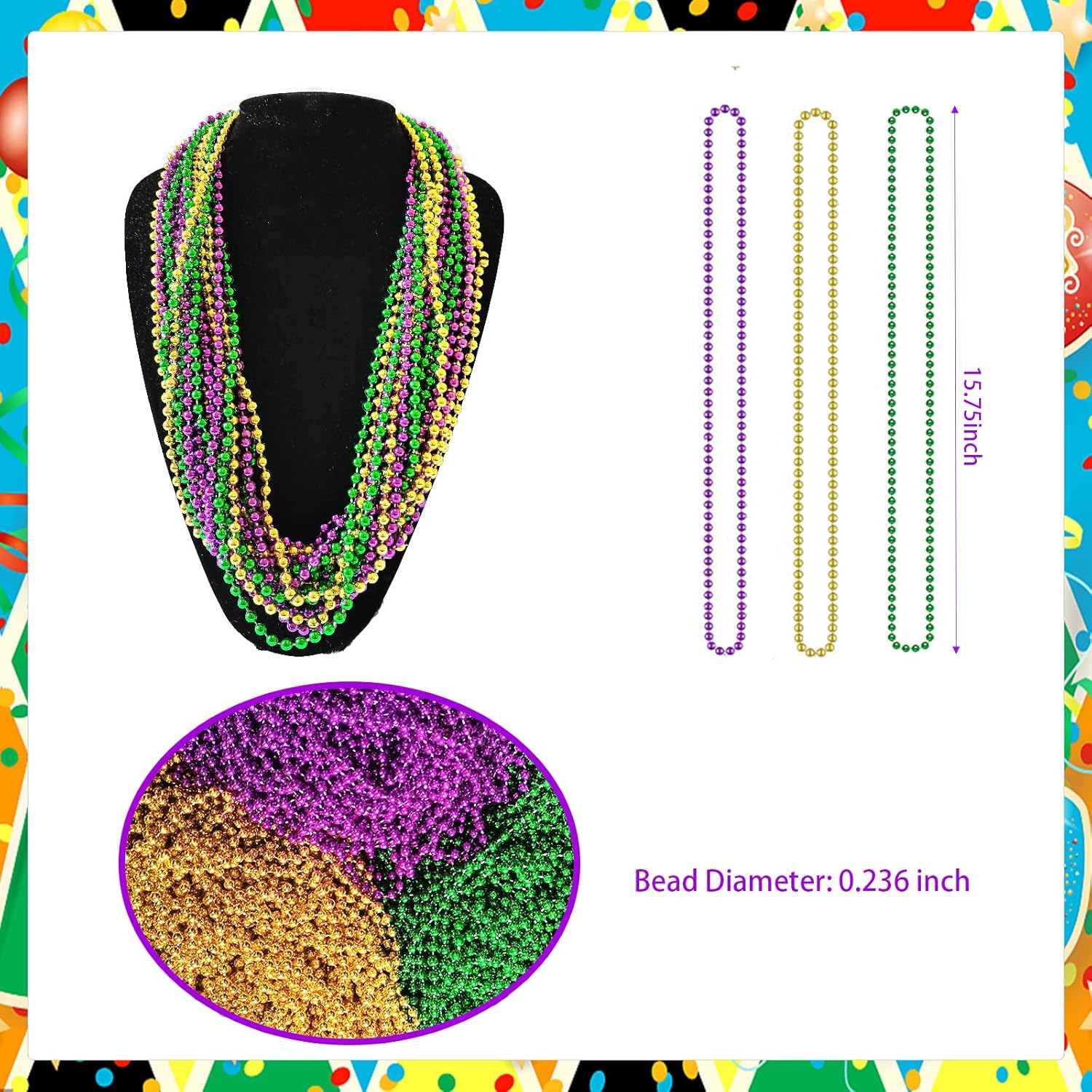 100 Pcs Metallic Mardi Gras Beaded Necklaces Bulk, 31.5 Inch 6mm Gold Green Purple Beads Necklaces For Mardi Gras Decoration, Parade Throw Accessories, Gaysby Themed Party, Carnival - Image 2