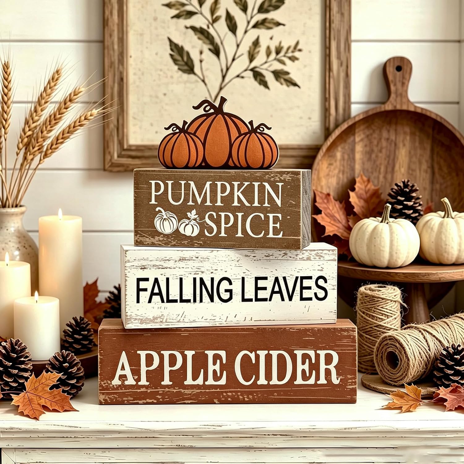 4 Pcs Fall Wooden Tiered Tray Decor Rustic Pumpkin for Farmhouse Harvest